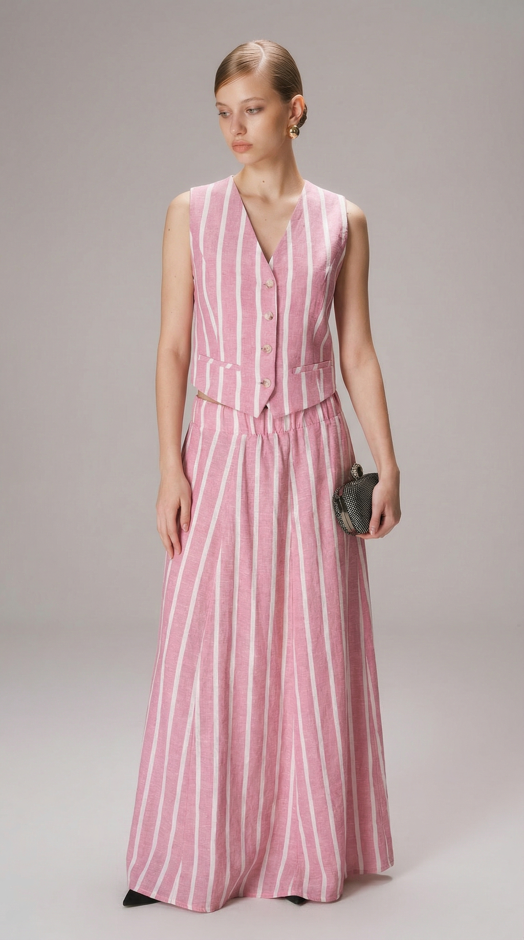 Çizgili Keten Yelek ve Uzun Etek Takım - Pembe
