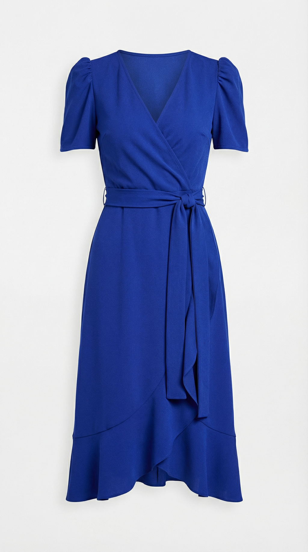 Kruvaze Yaka Kuşaklı Midi Krep Elbise Saks Mavisi