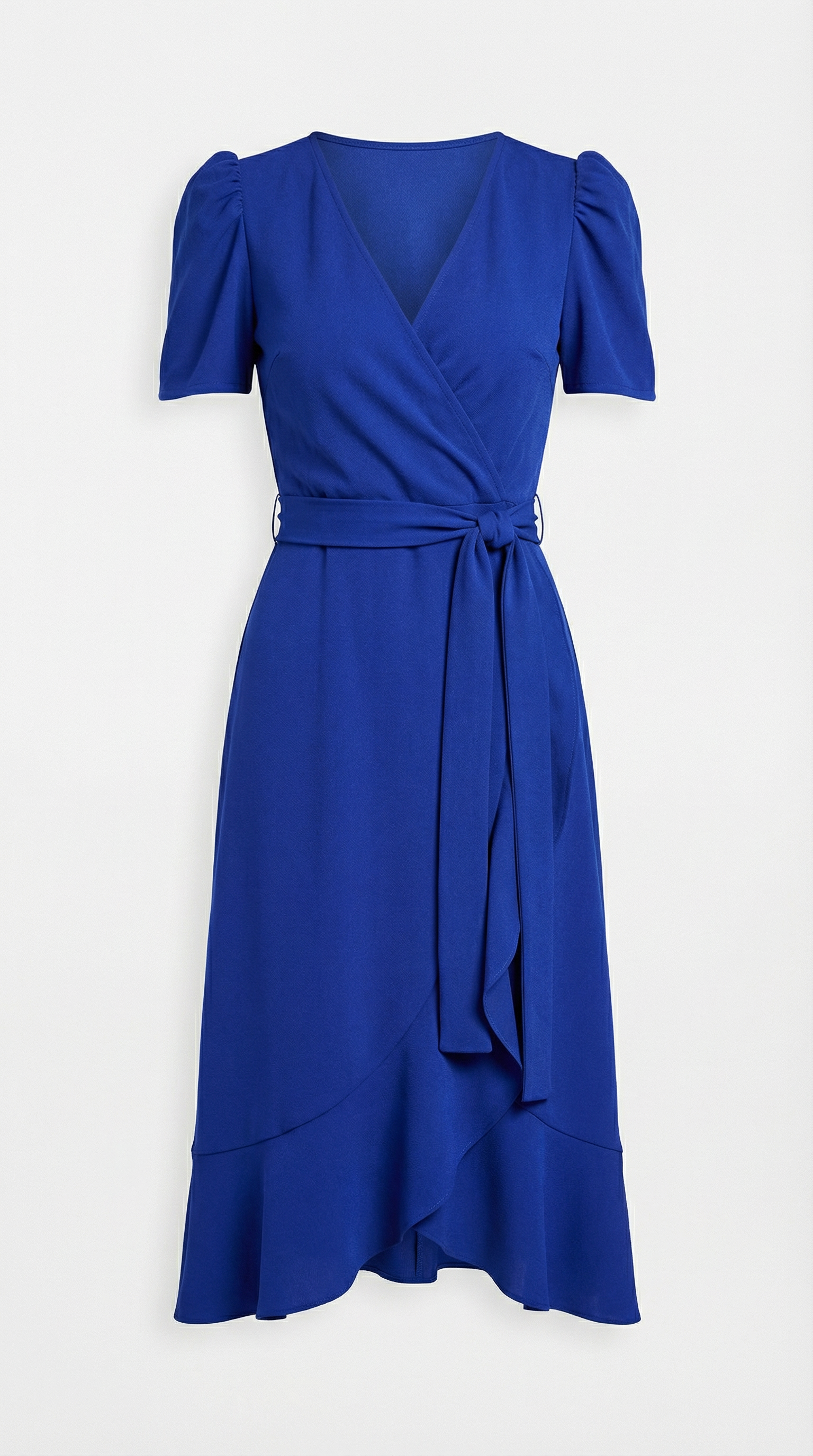 Kruvaze Yaka Kuşaklı Midi Krep Elbise Saks Mavisi