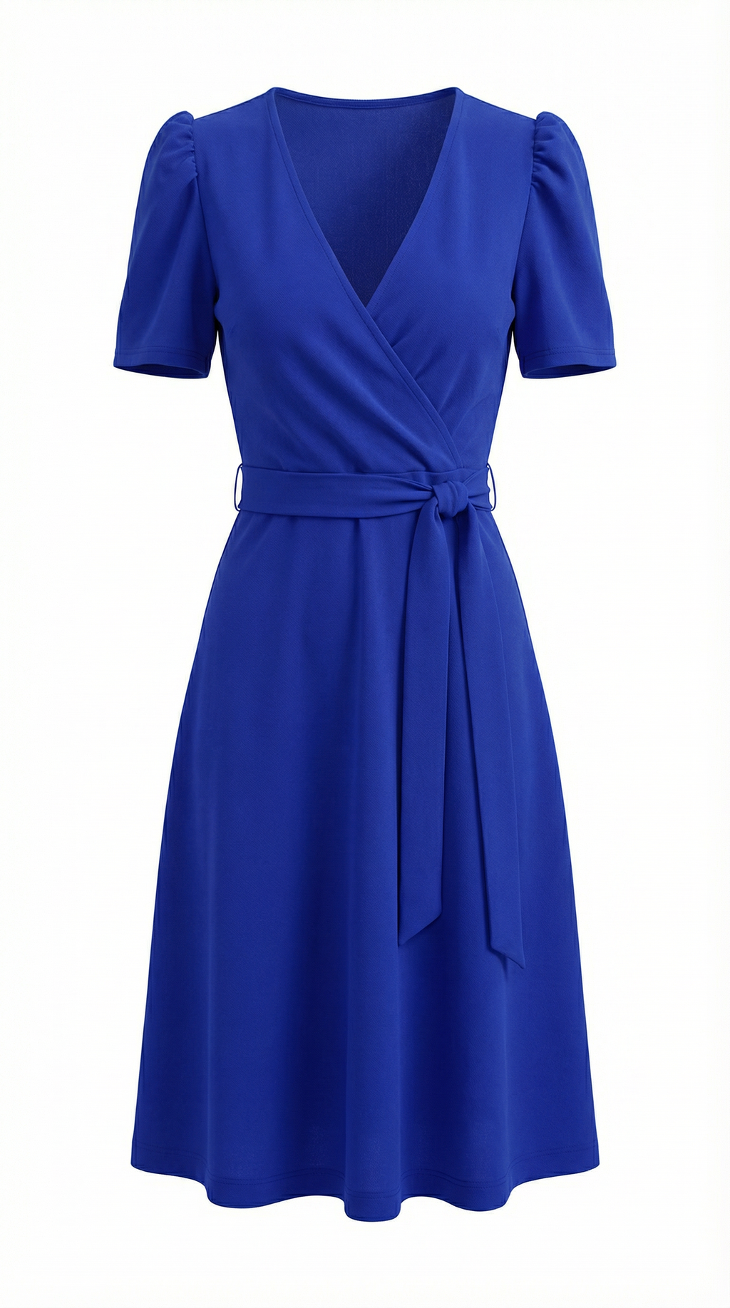 Kruvaze Yaka Kuşaklı Midi Krep Elbise Saks Mavisi