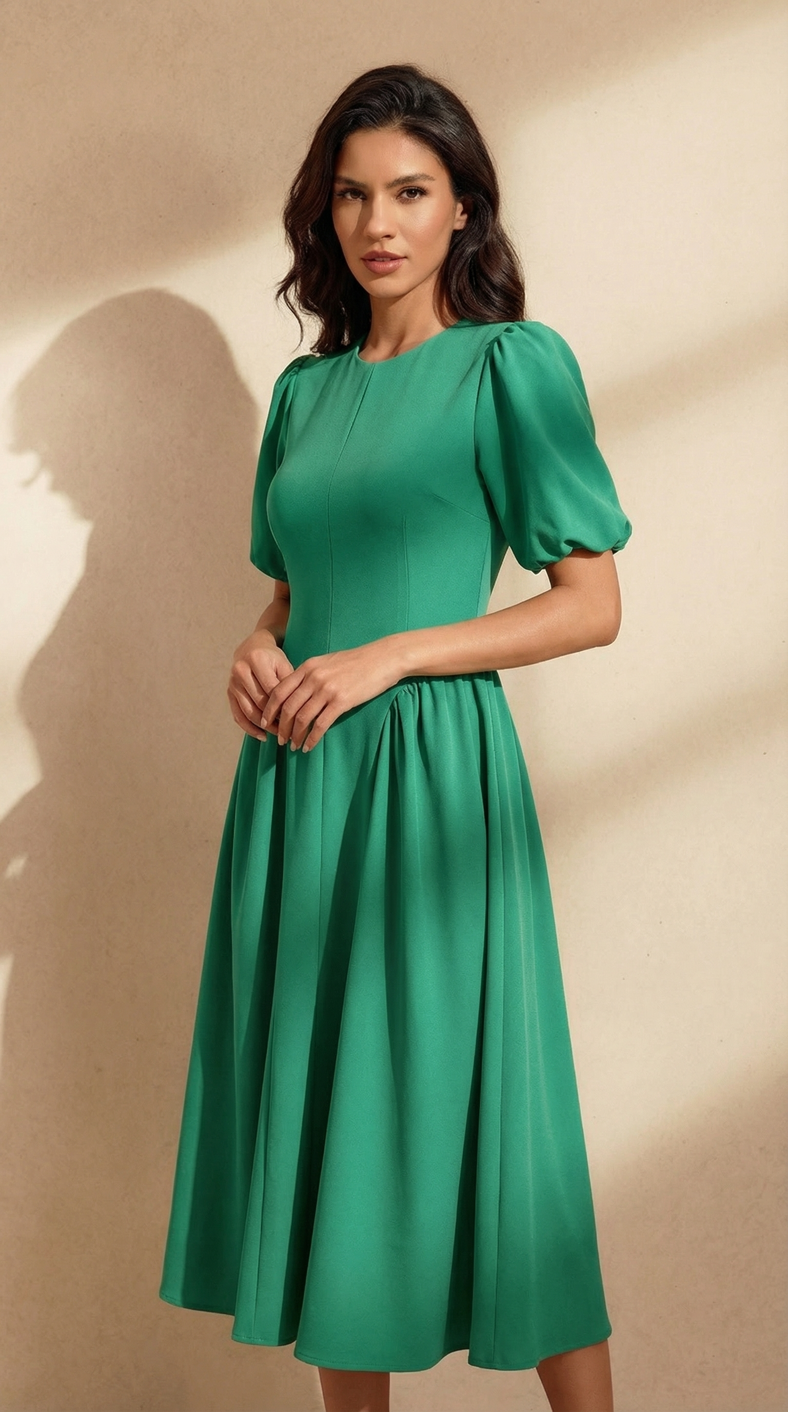 Yeşil Arkadan Bağlamalı Keten Midi Elbise