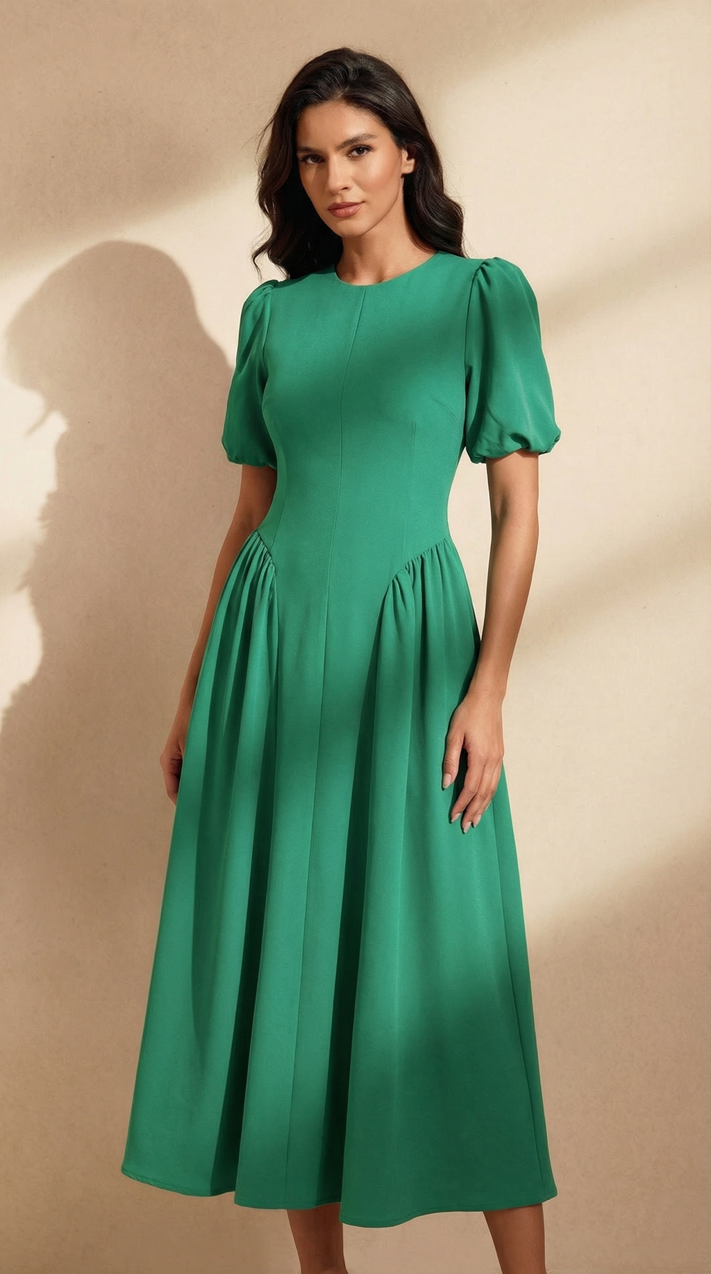 Yeşil Arkadan Bağlamalı Keten Midi Elbise