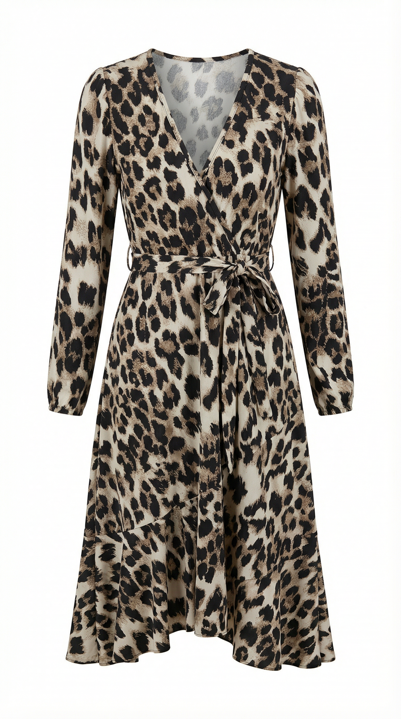 Leopar Desenli Kruvaze Kuşaklı Midi Elbise