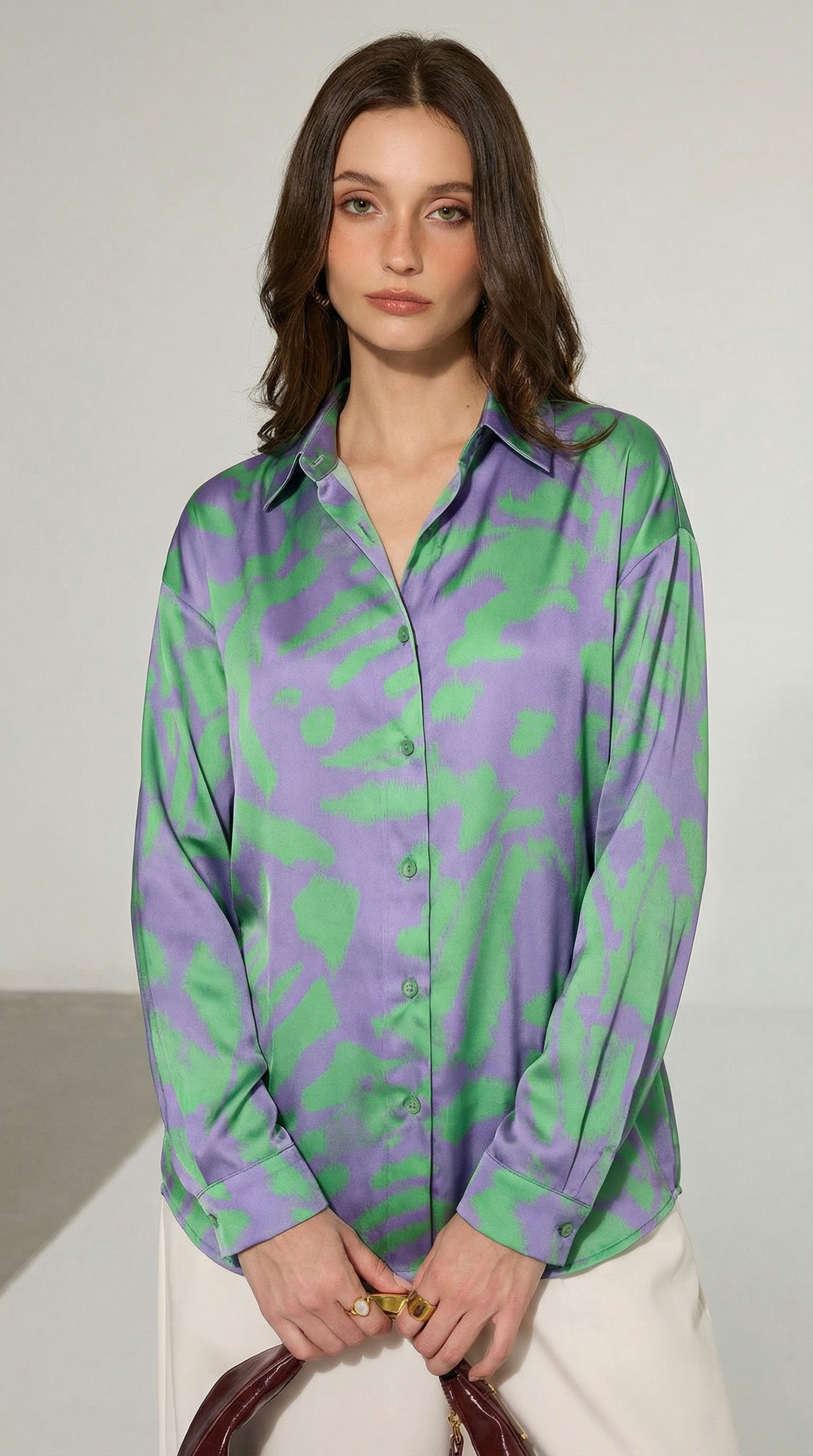 Yeşil-Mor Desenli Dökümlü Gömlek