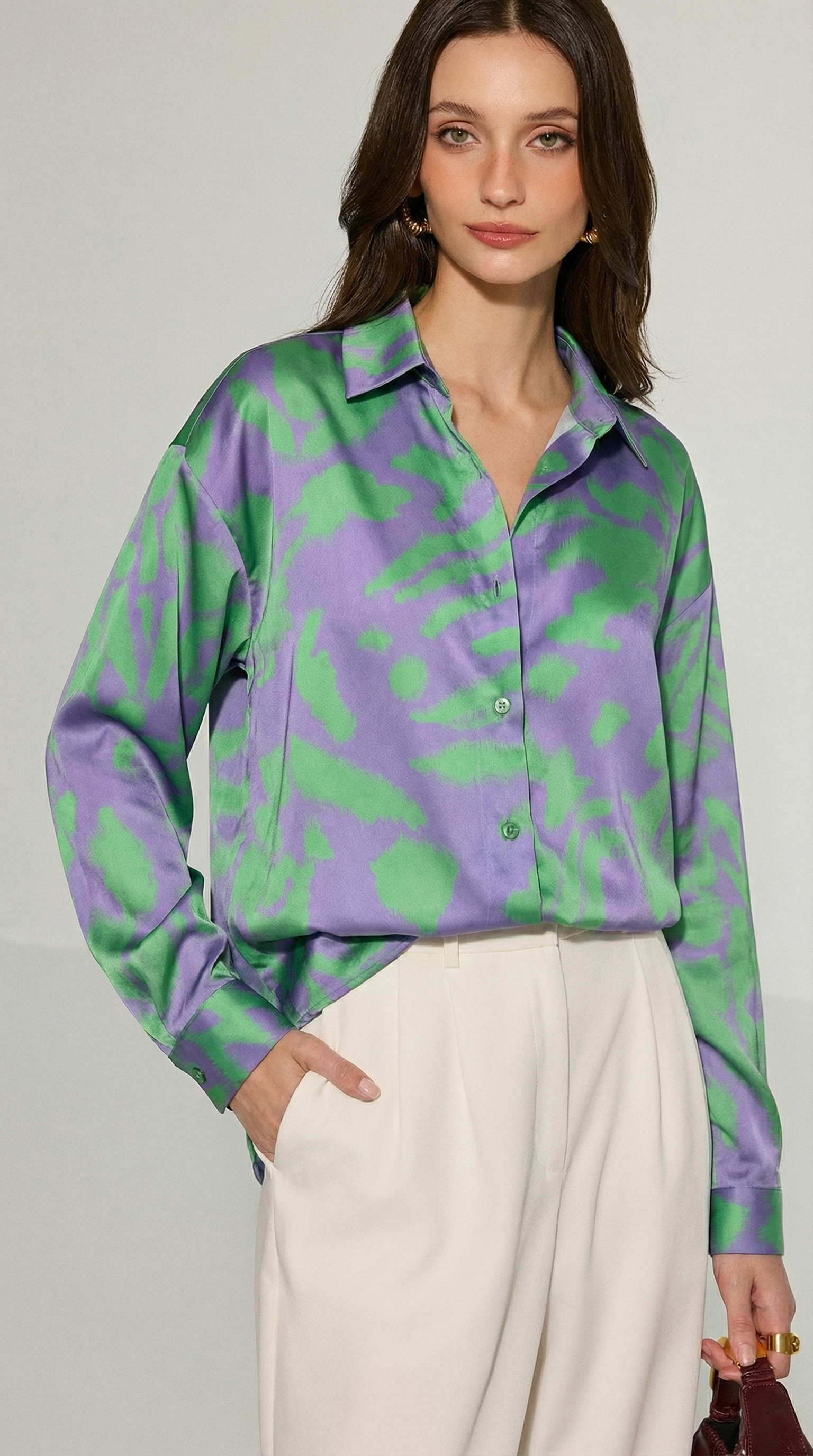 Yeşil-Mor Desenli Dökümlü Gömlek