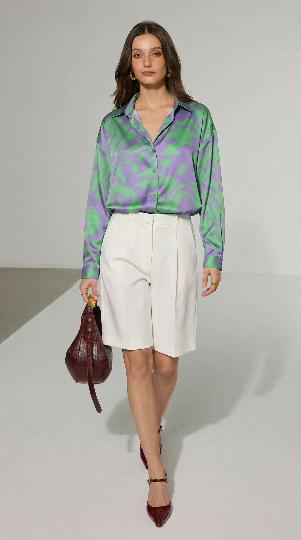 Yeşil-Mor Desenli Dökümlü Gömlek