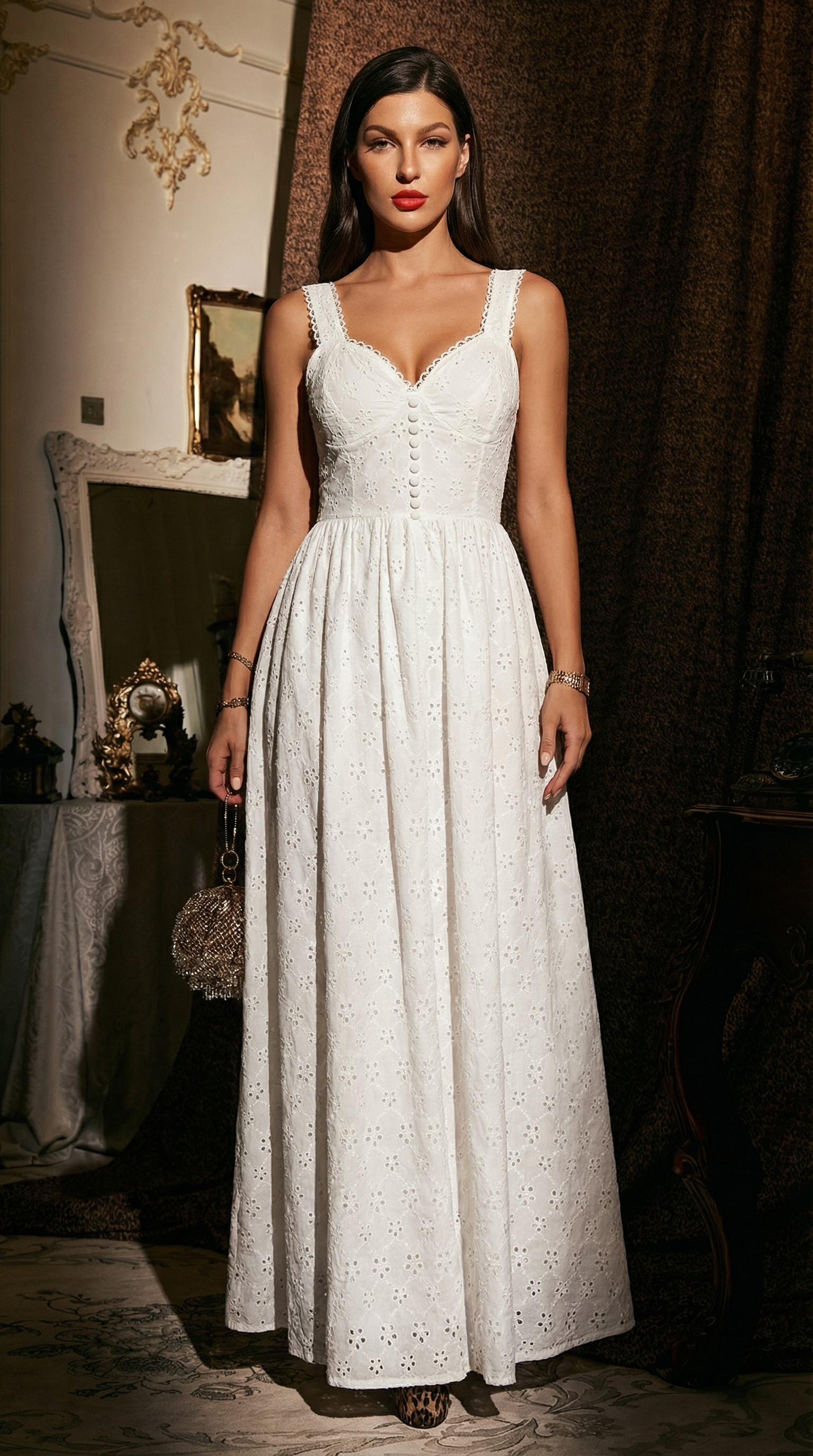 Askılı Dantel Detaylı Ekru Midi Elbise