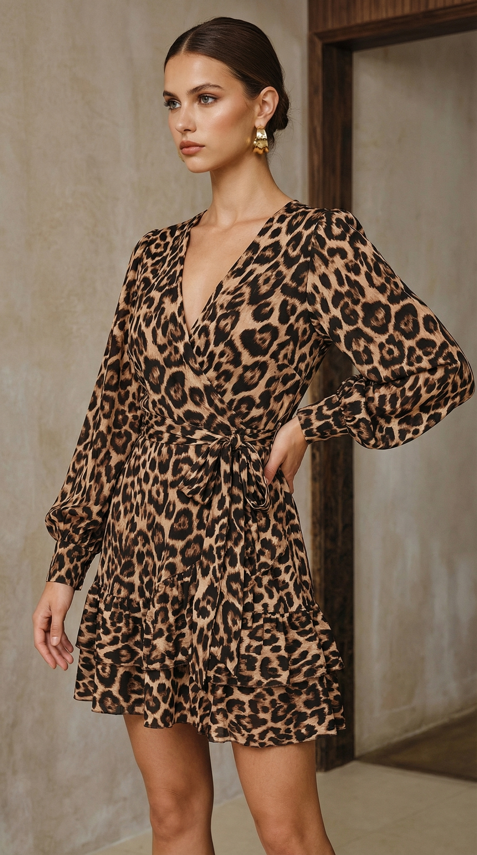 Leopar Desenli Kuşaklı Kruvaze Mini Elbise