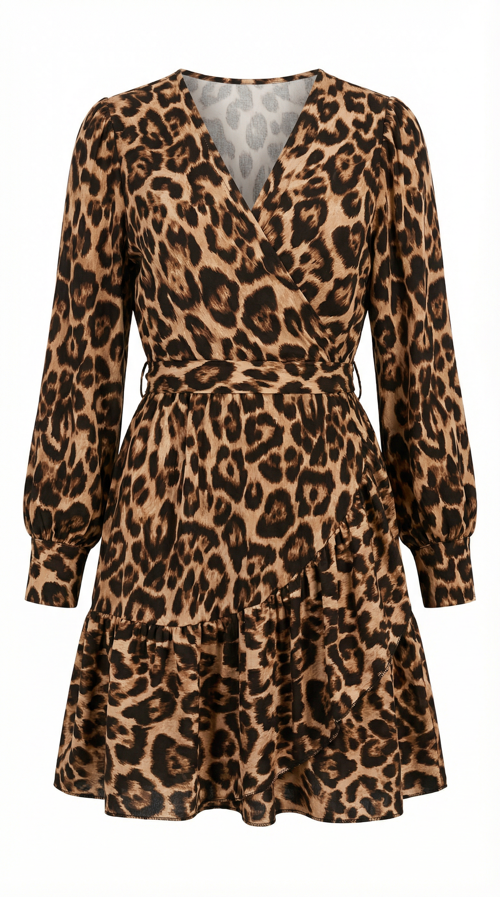 Leopar Desenli Kuşaklı Kruvaze Mini Elbise