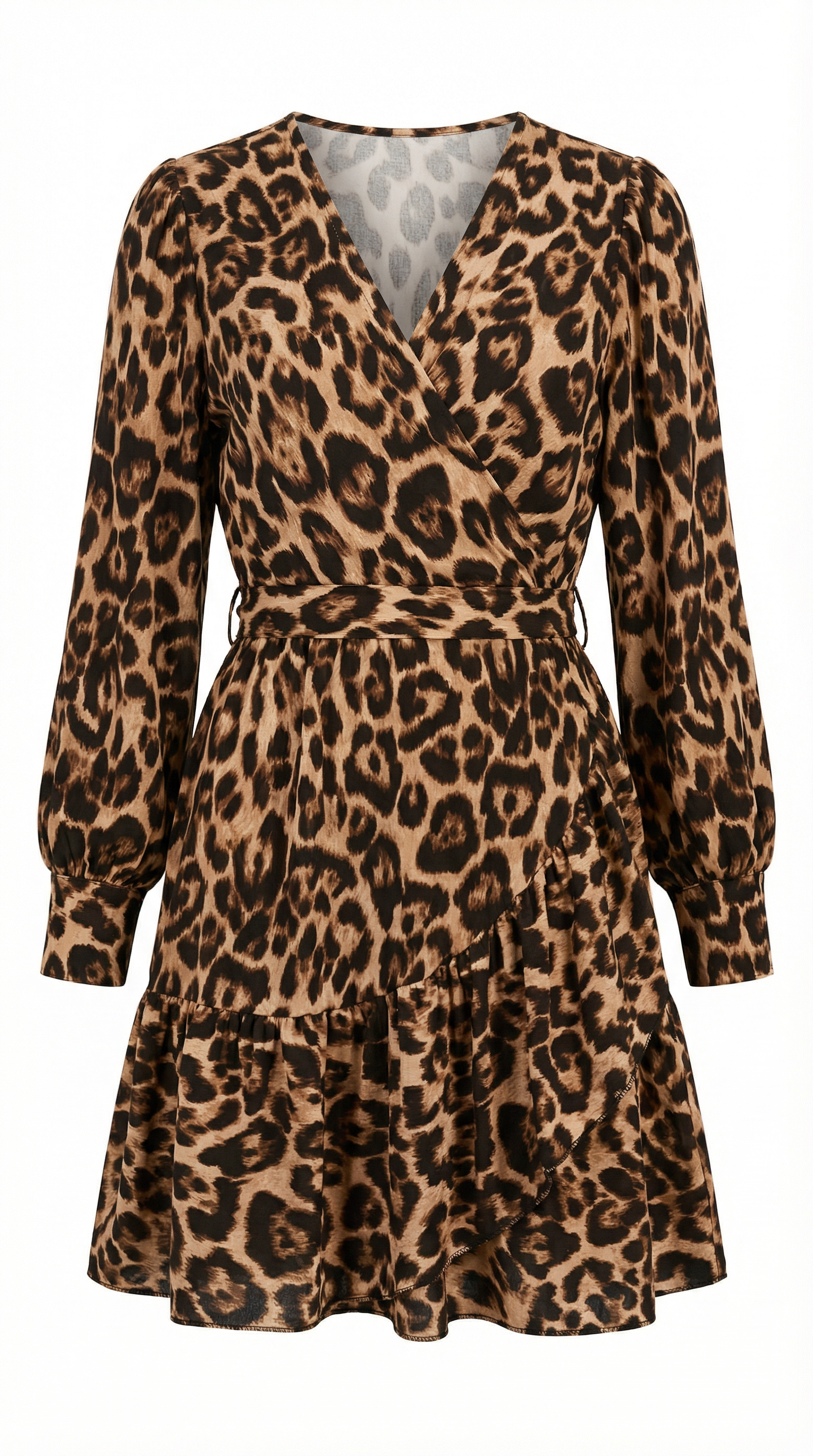 Leopar Desenli Kuşaklı Kruvaze Mini Elbise