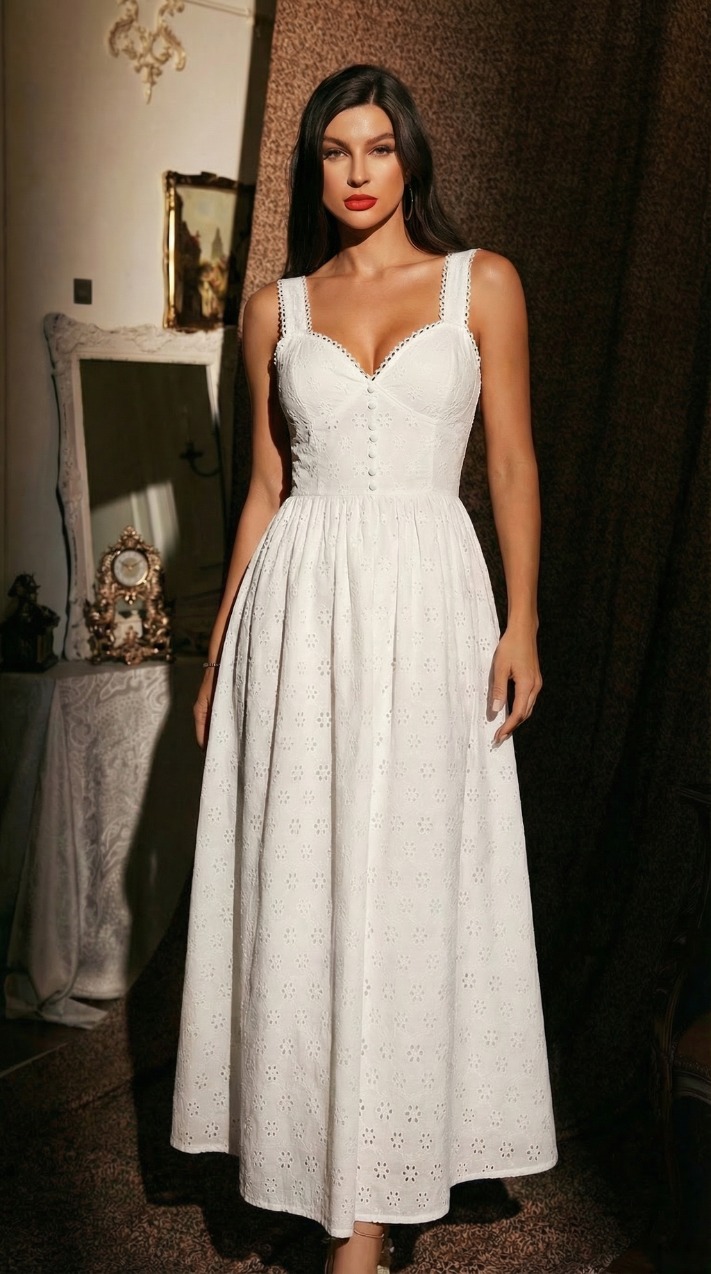 Askılı Dantel Detaylı Ekru Midi Elbise