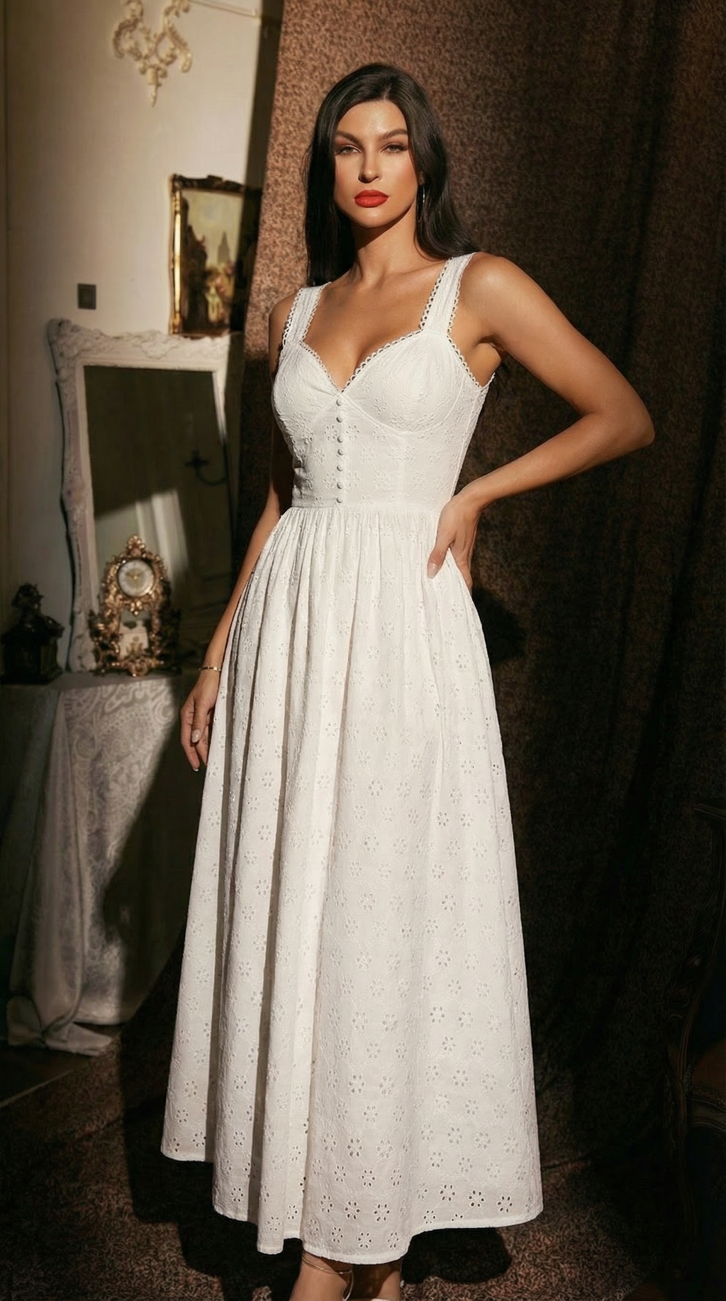 Askılı Dantel Detaylı Ekru Midi Elbise