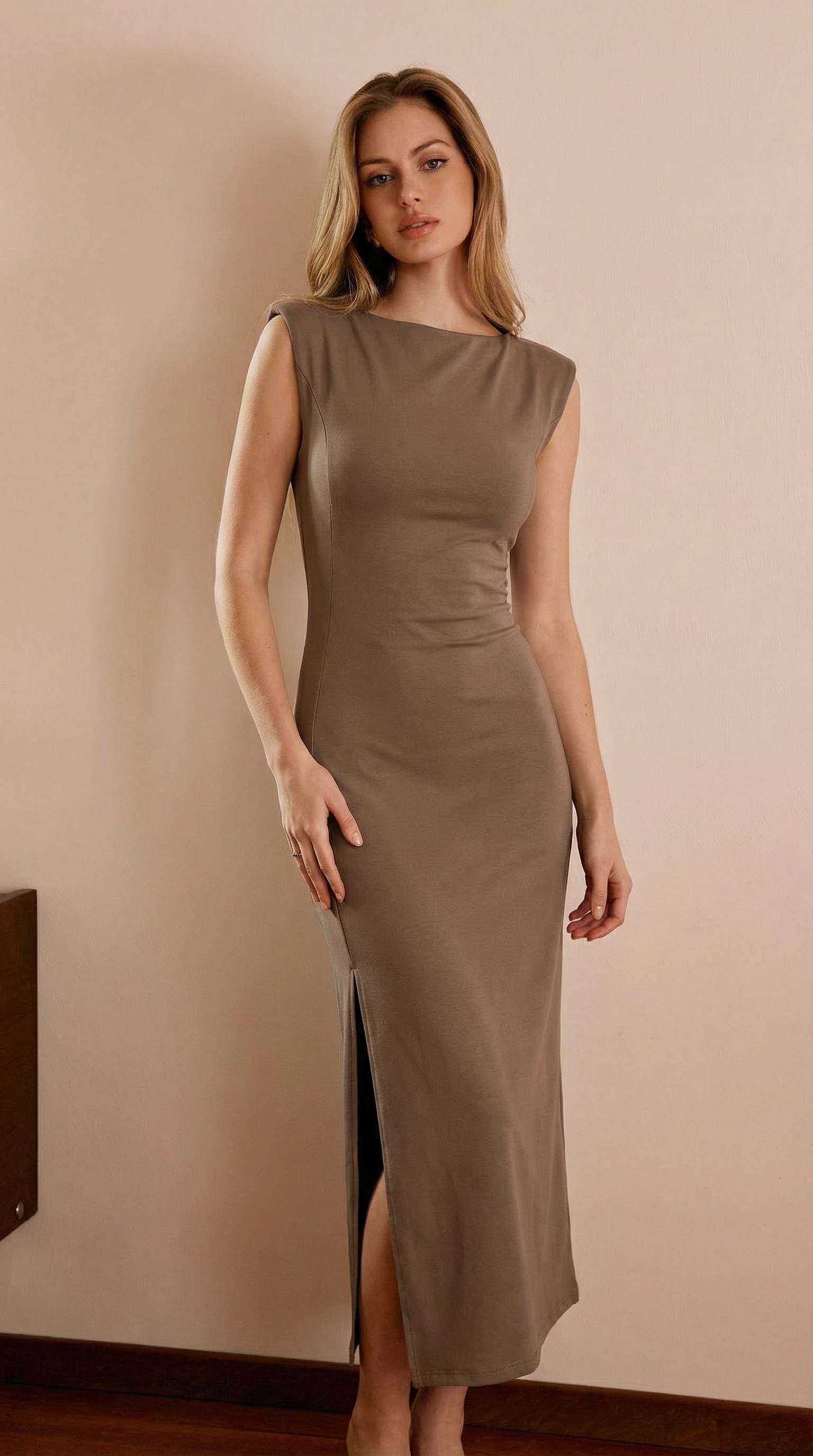 Yırtmaç Detaylı Kolsuz Antrasit Elbise