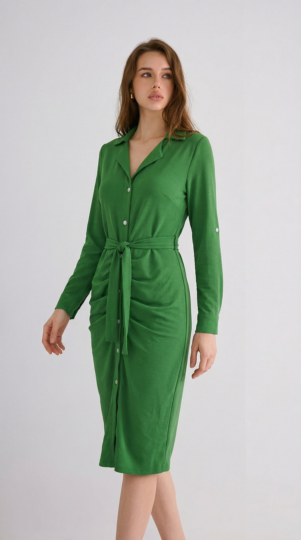 Yeşil Kuşaklı Düğmeli Midi Elbise