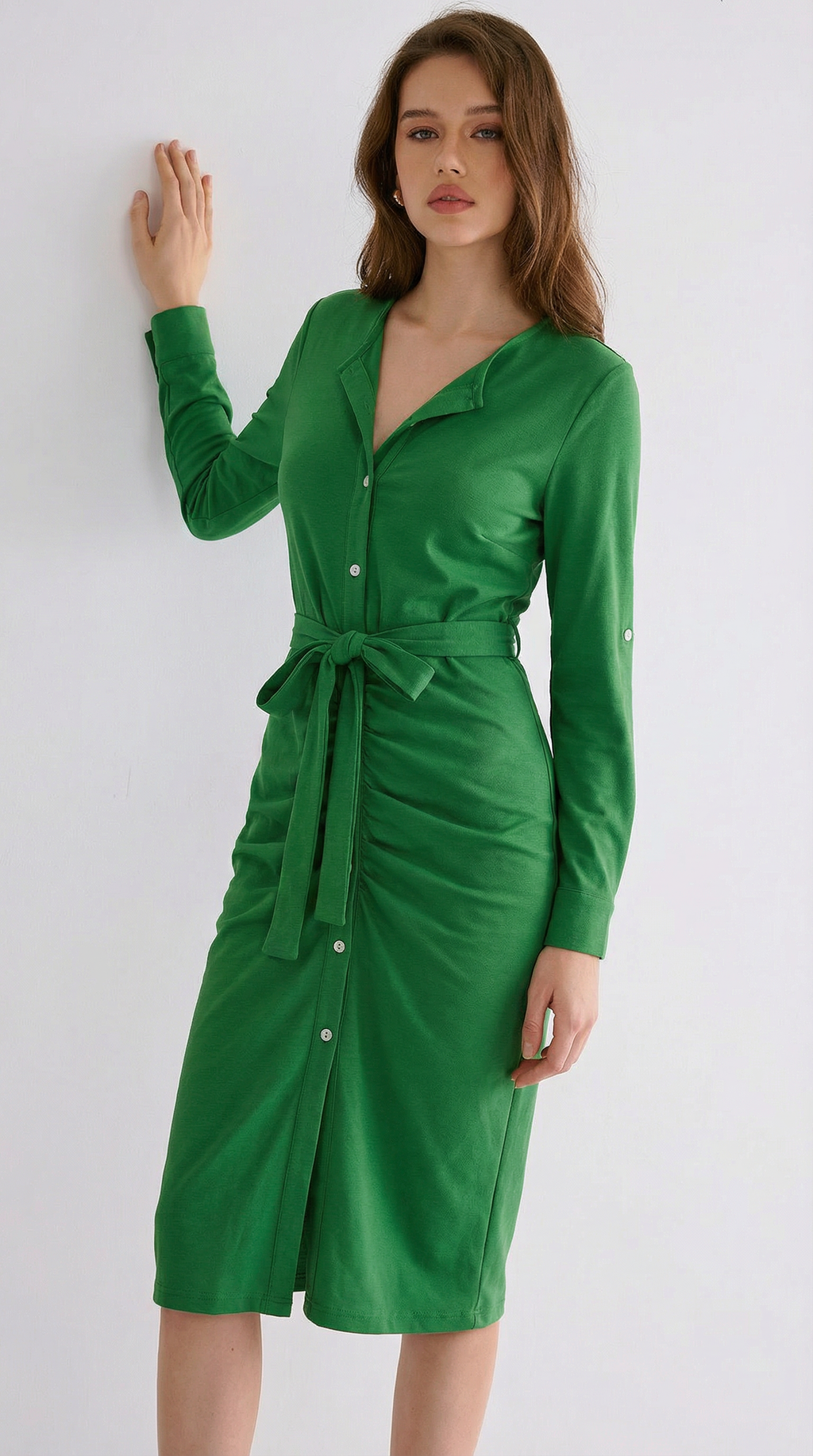 Yeşil Kuşaklı Düğmeli Midi Elbise