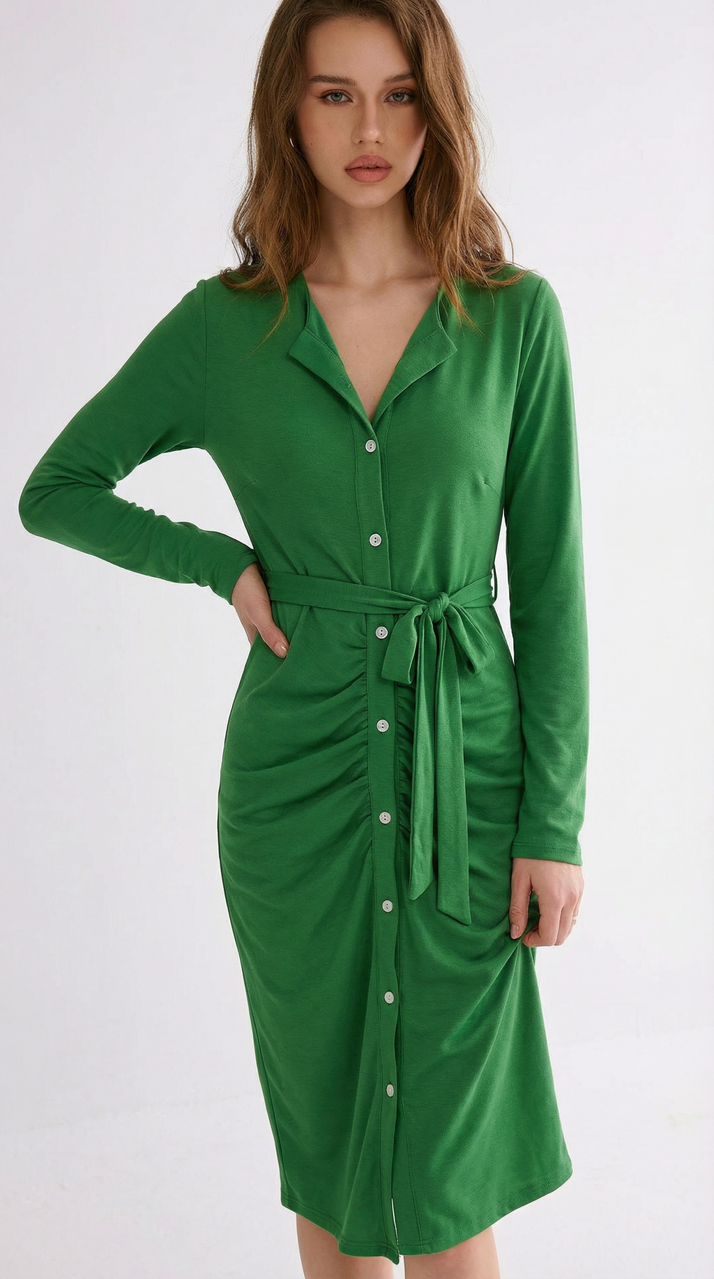 Yeşil Kuşaklı Düğmeli Midi Elbise