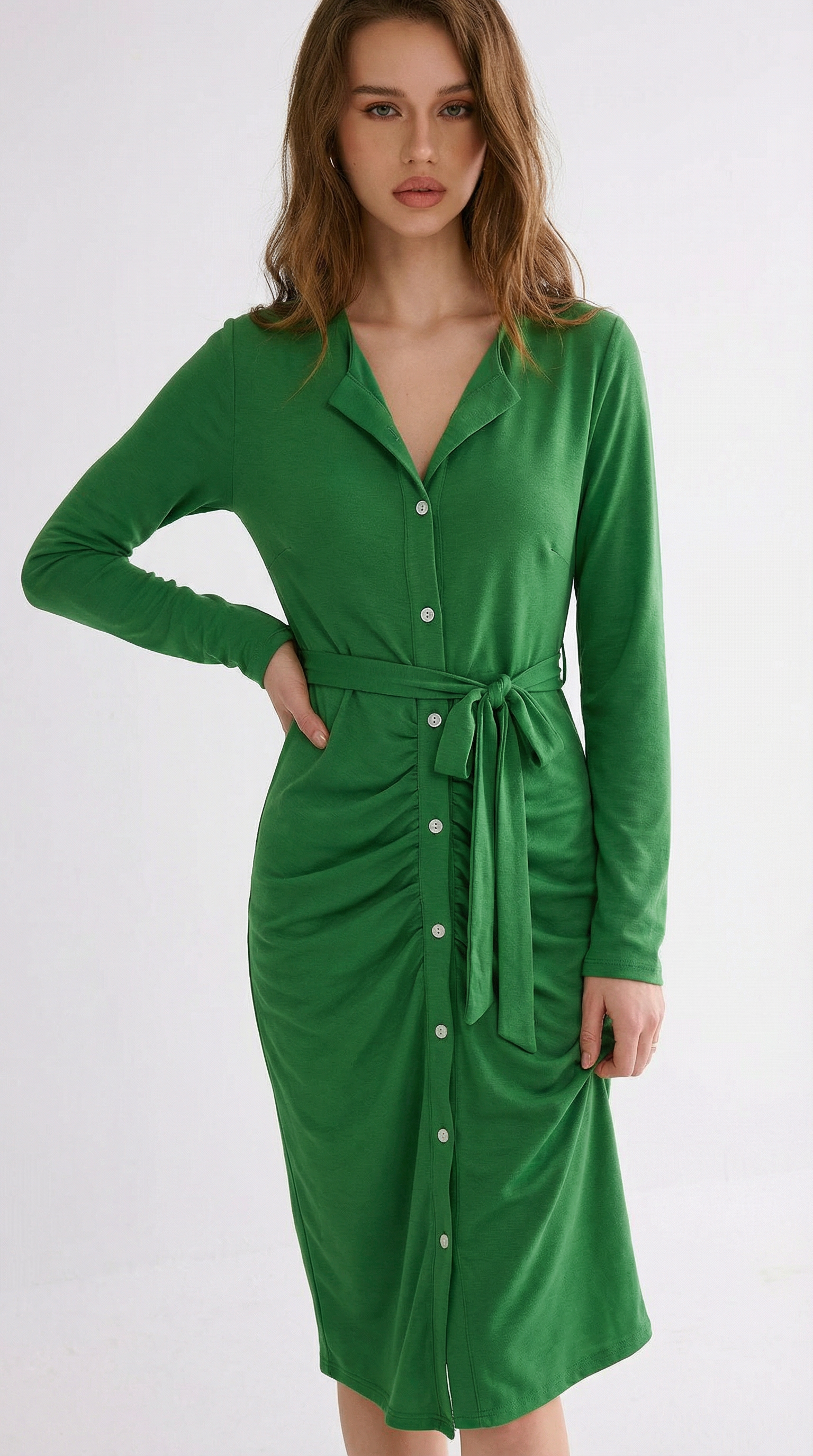 Yeşil Kuşaklı Düğmeli Midi Elbise