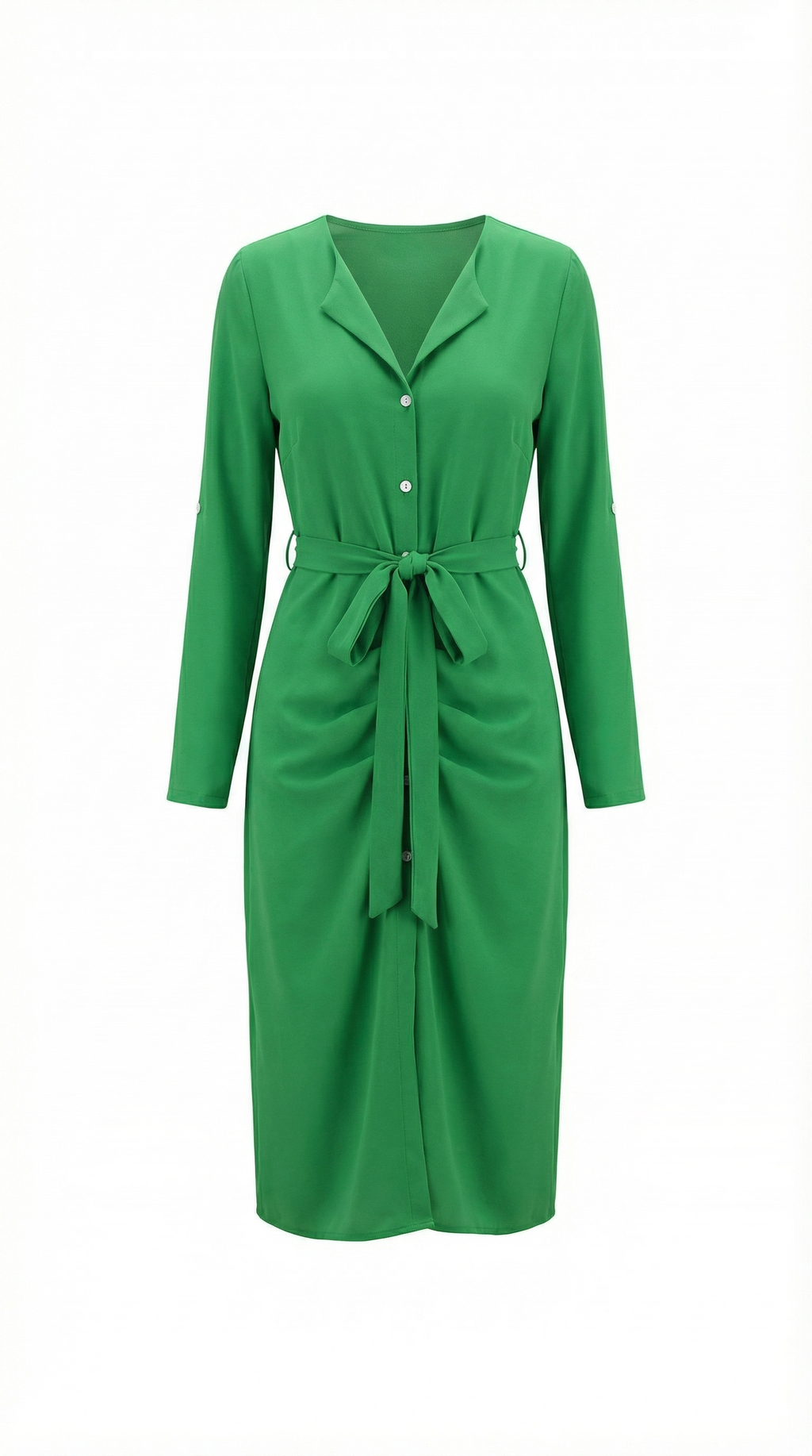 Yeşil Kuşaklı Düğmeli Midi Elbise