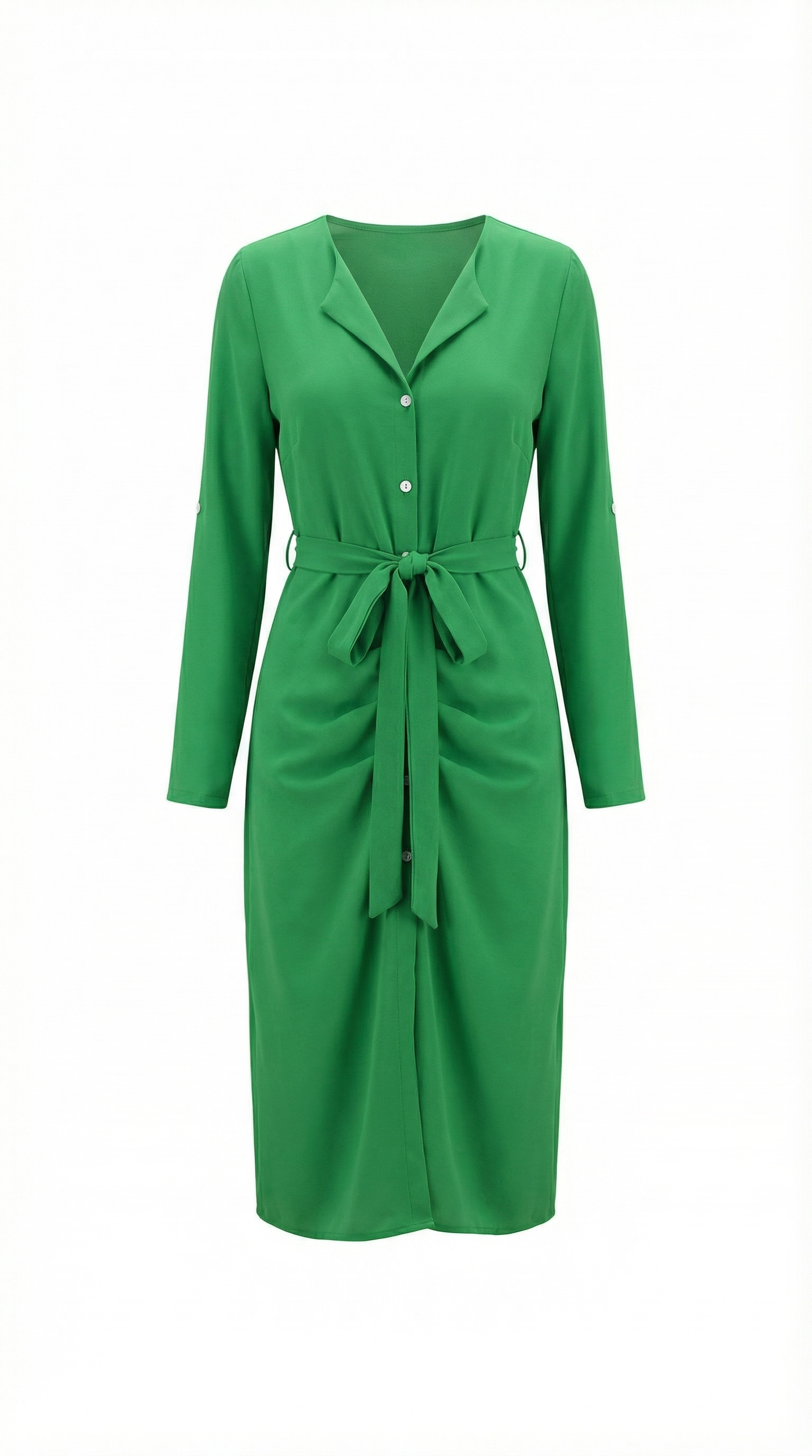 Yeşil Kuşaklı Düğmeli Midi Elbise