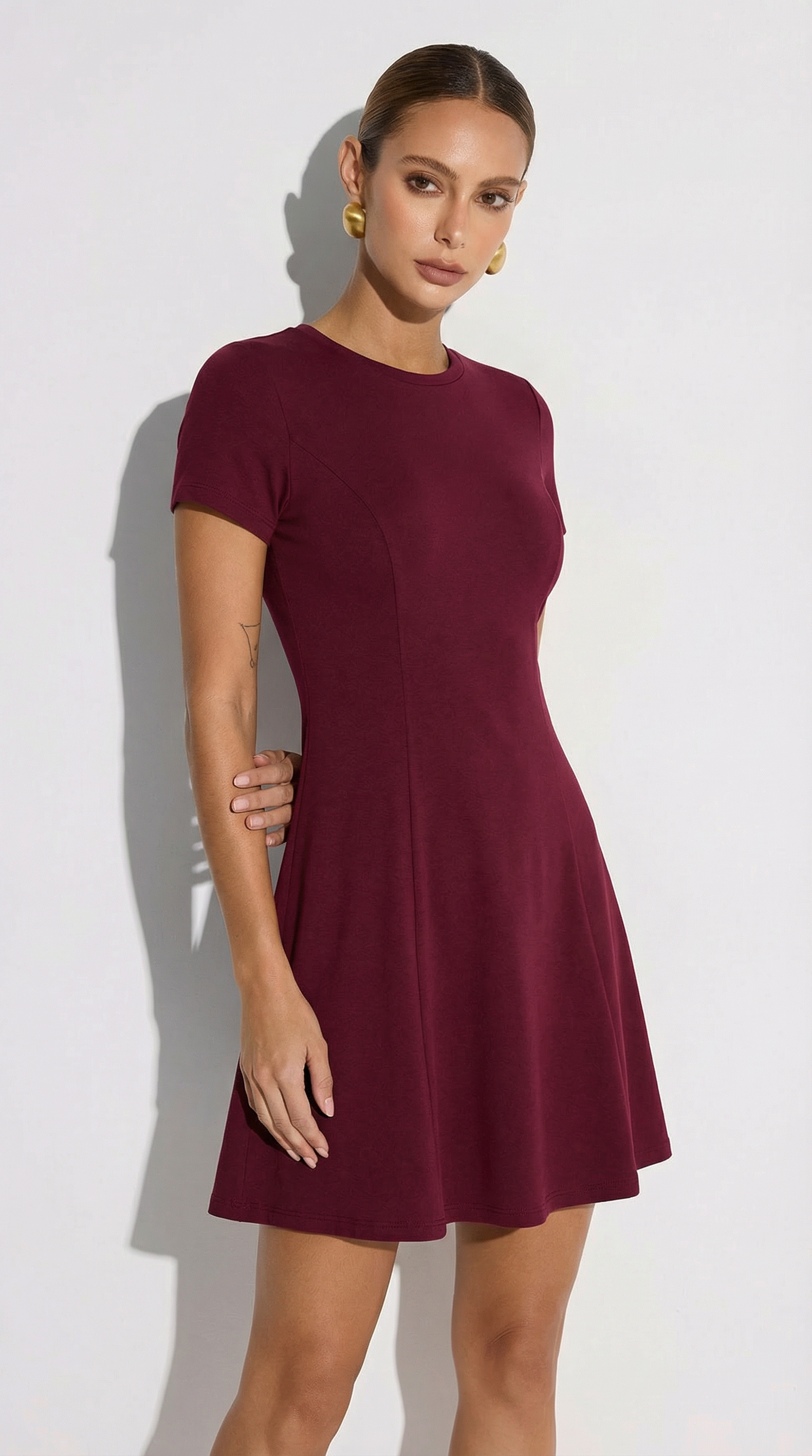 Kısa Kollu Bordo Krep Mini Elbise