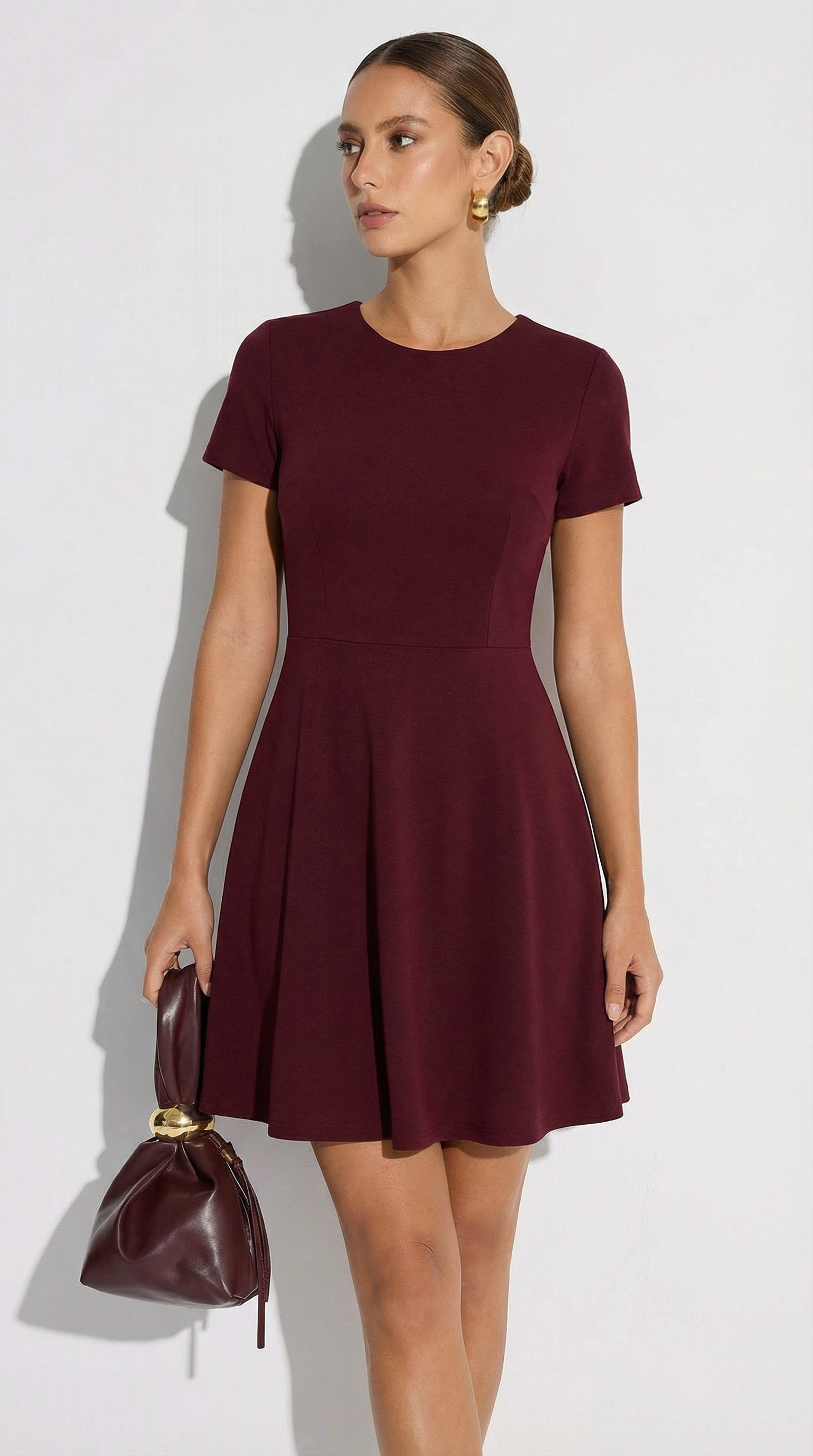 Kısa Kollu Bordo Krep Mini Elbise