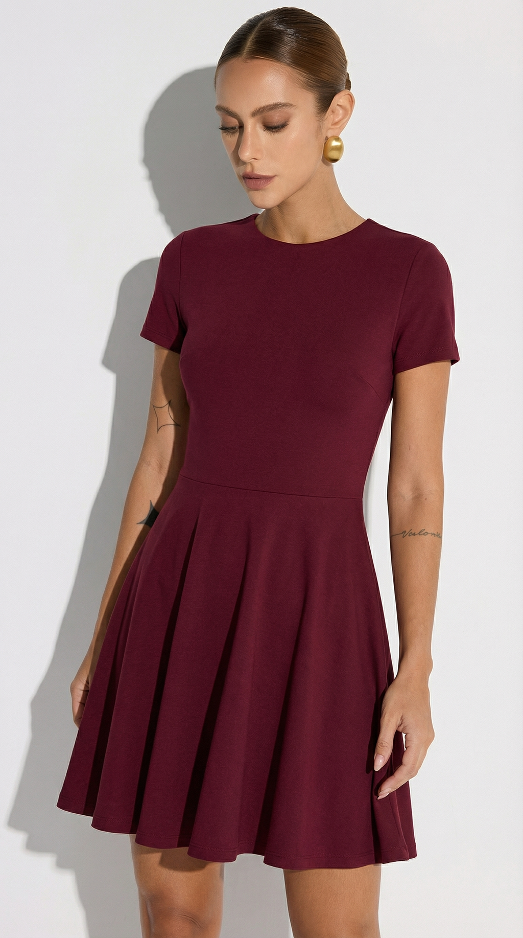 Kısa Kollu Bordo Krep Mini Elbise