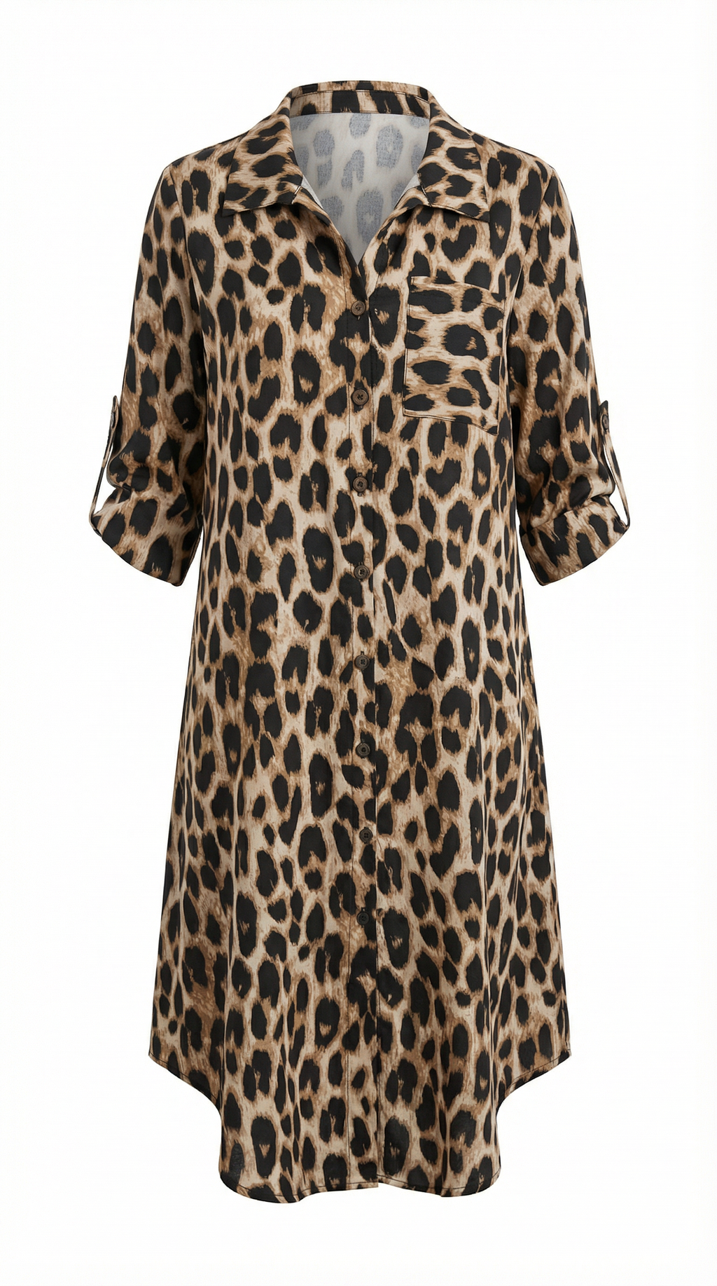 Leopar Desenli Düğmeli Modal Midi Elbise