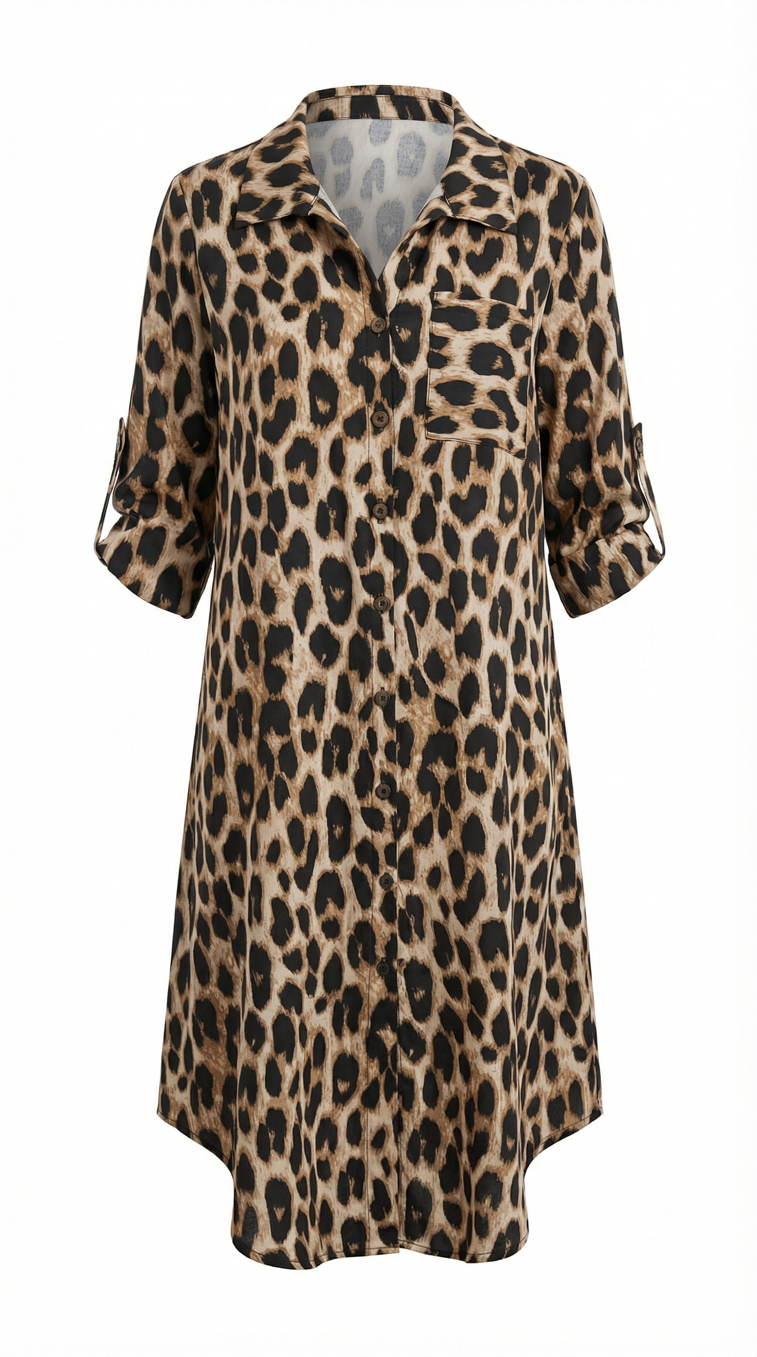 Leopar Desenli Düğmeli Modal Midi Elbise