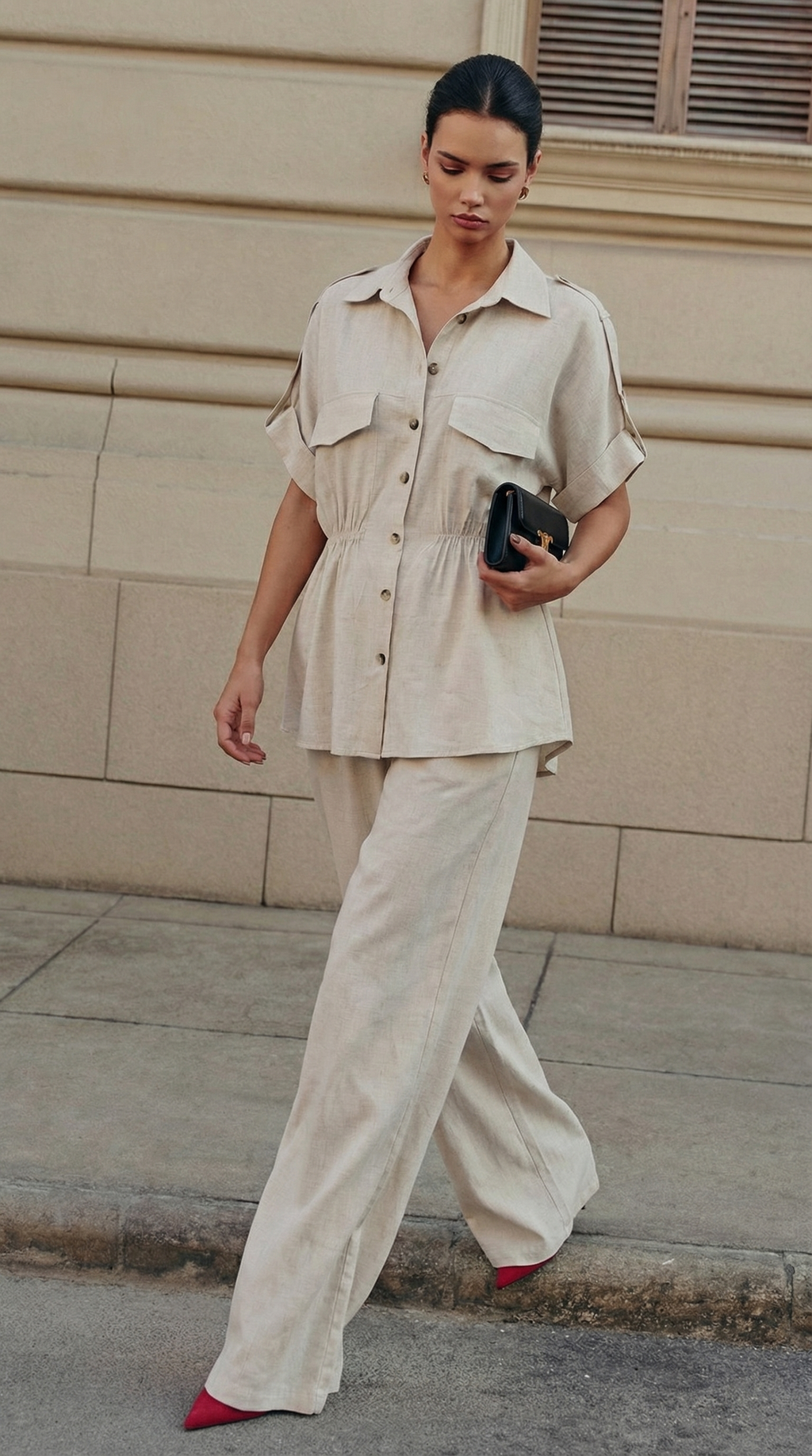 Taş Rengi Keten Büzgülü Gömlek-Pantolon Takım