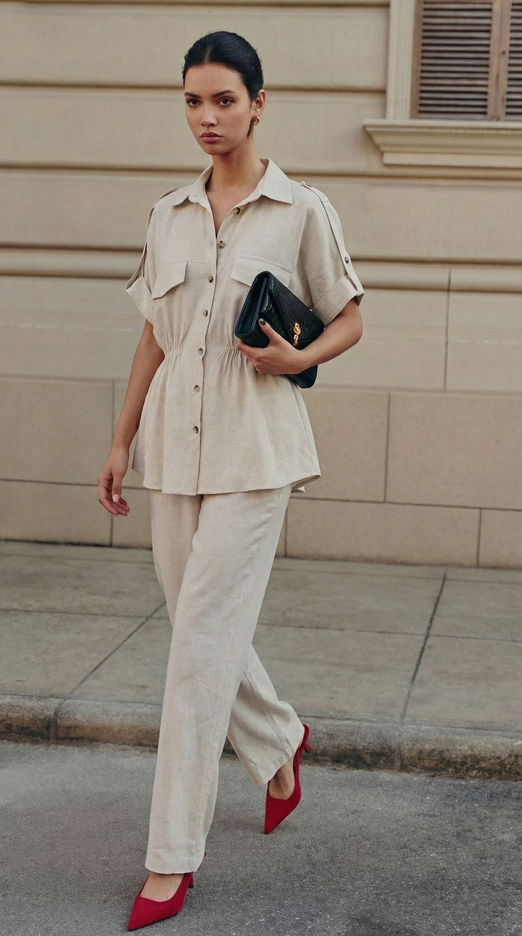 Taş Rengi Keten Büzgülü Gömlek-Pantolon Takım