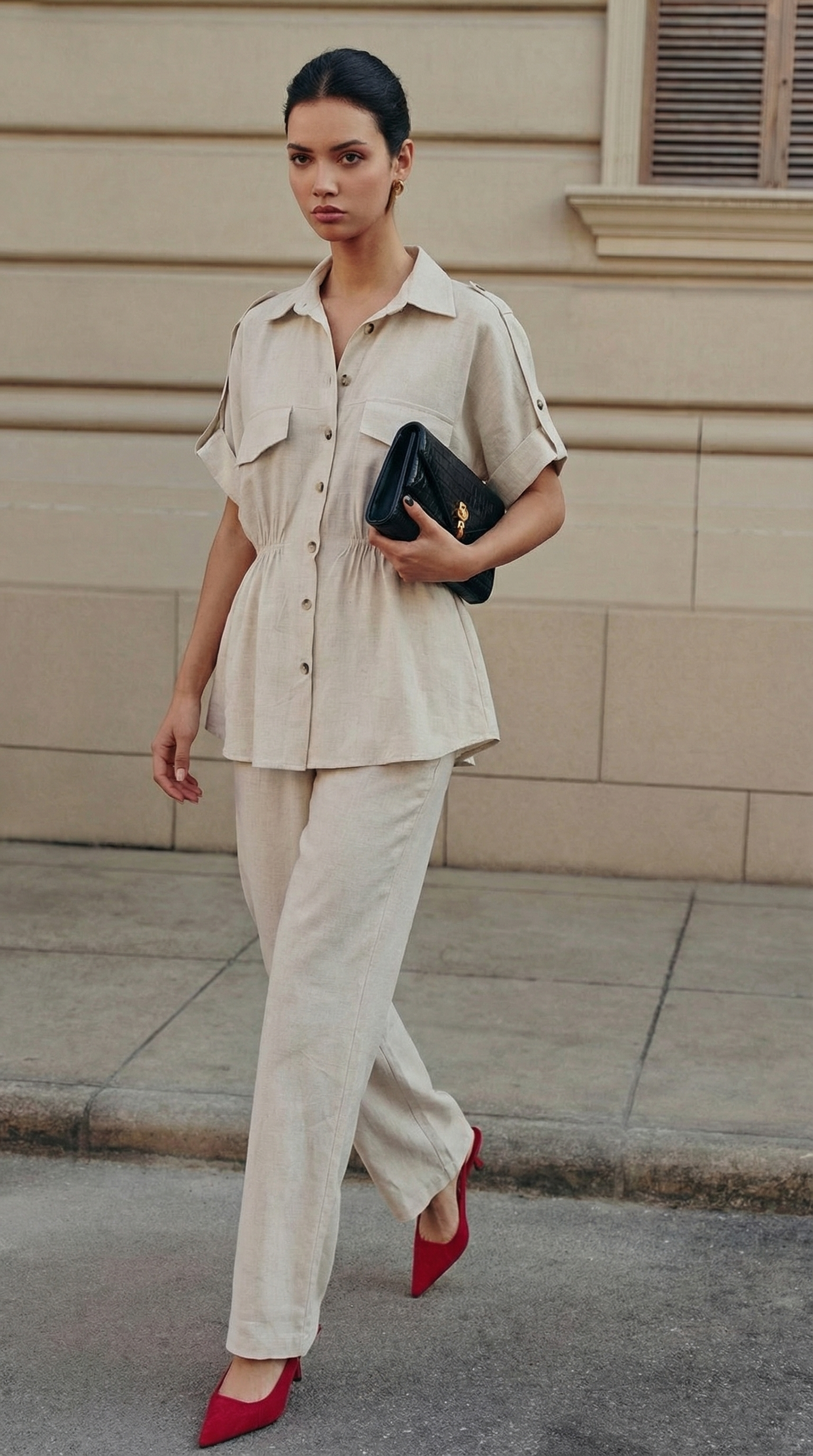 Taş Rengi Keten Büzgülü Gömlek-Pantolon Takım