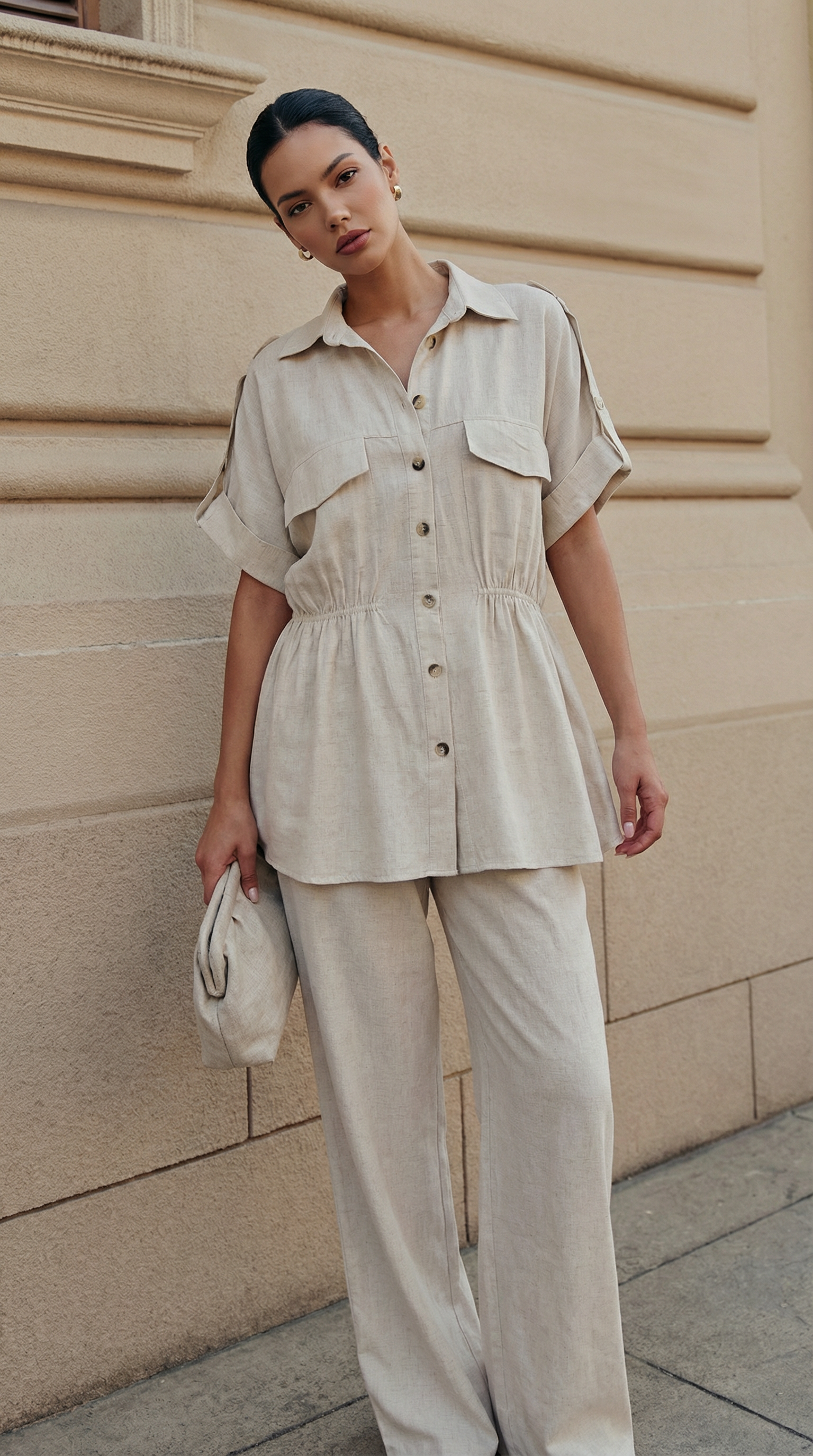 Taş Rengi Keten Büzgülü Gömlek-Pantolon Takım