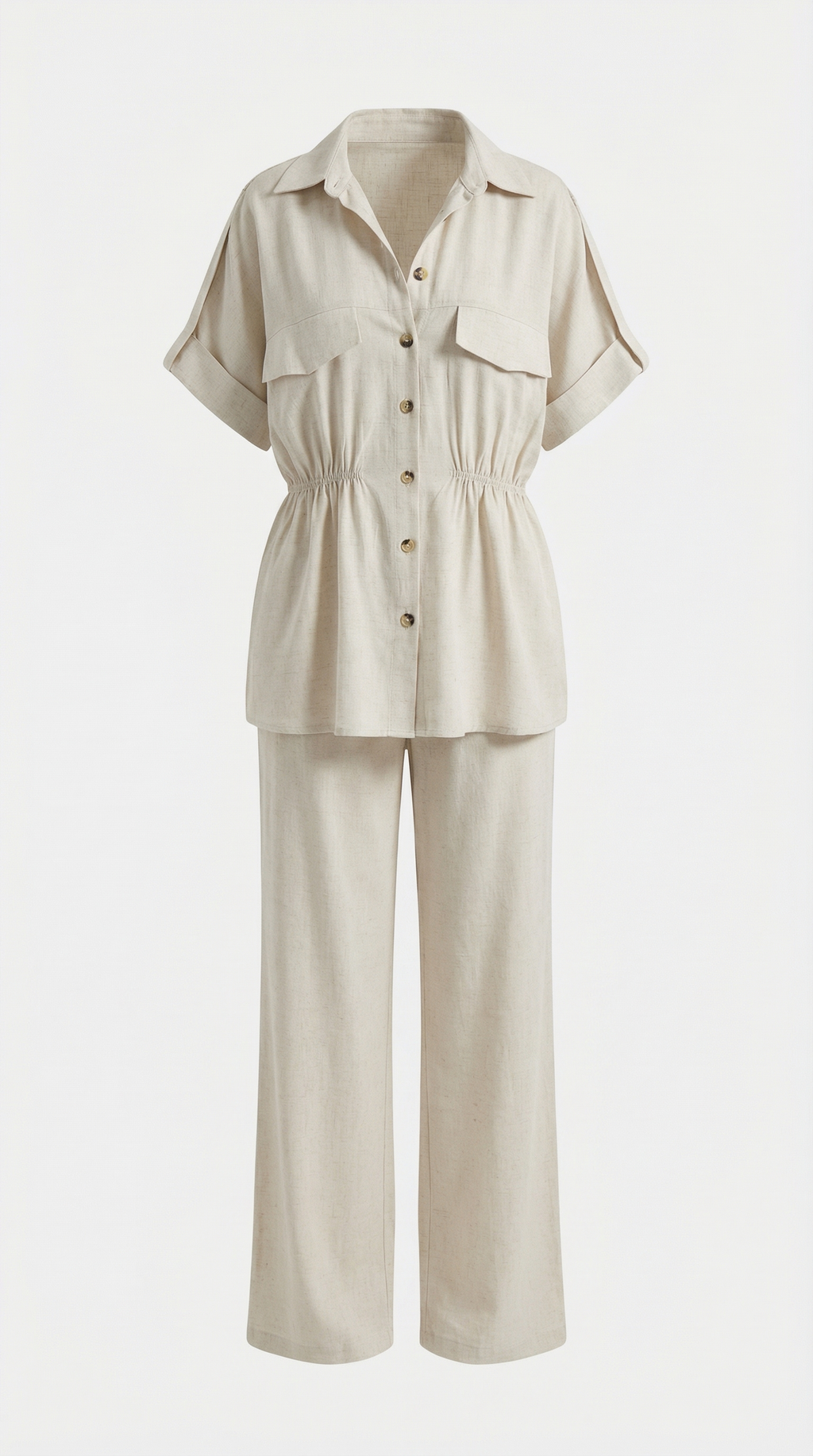 Taş Rengi Keten Büzgülü Gömlek-Pantolon Takım