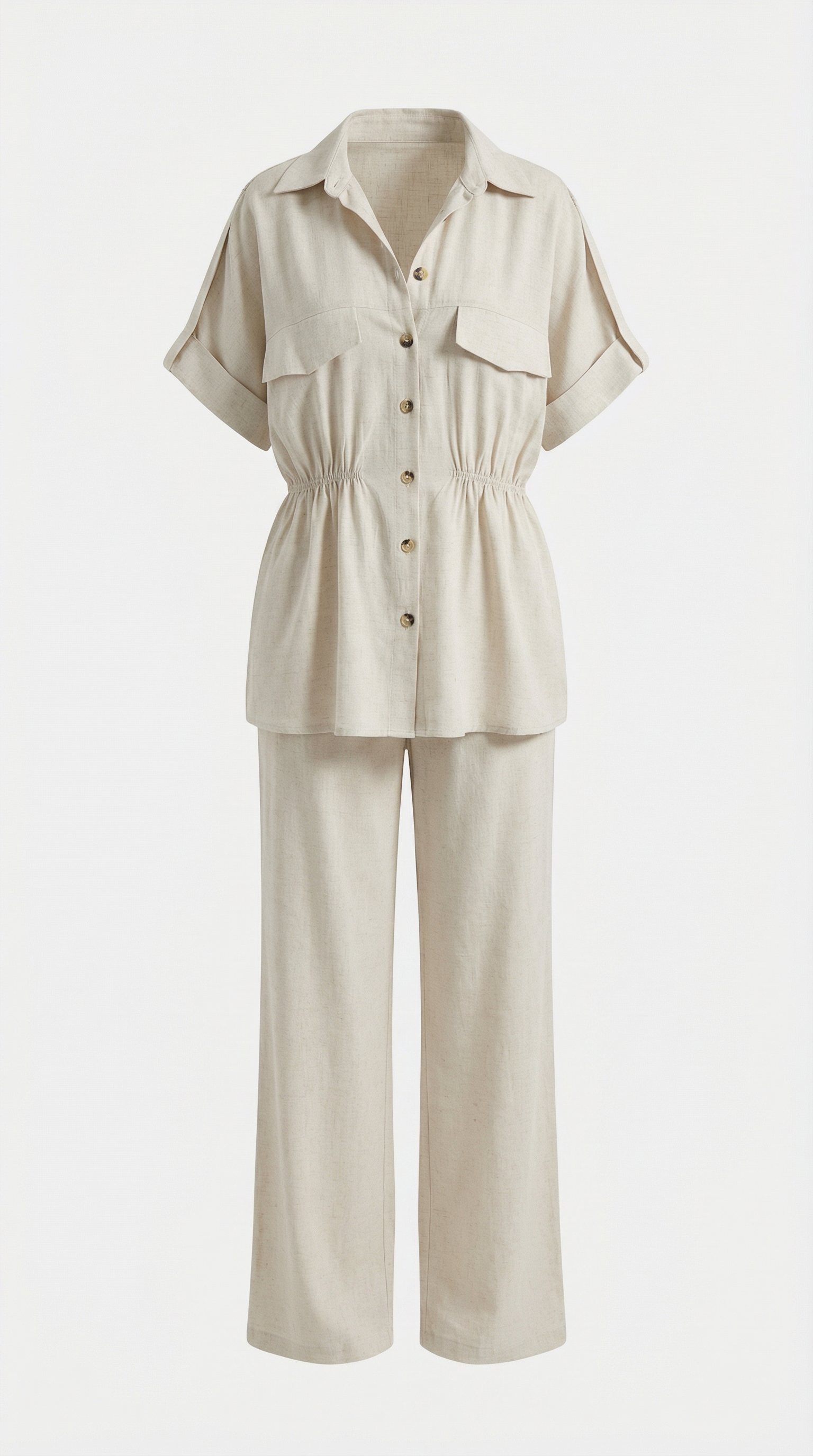 Taş Rengi Keten Büzgülü Gömlek-Pantolon Takım