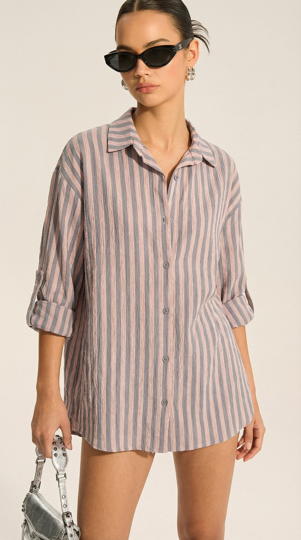 Antrasit Pembe Çizgili Oversize Gömlek