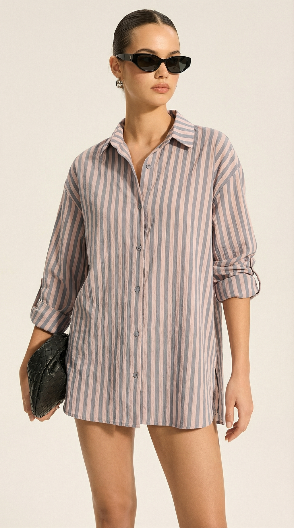 Antrasit Pembe Çizgili Oversize Gömlek