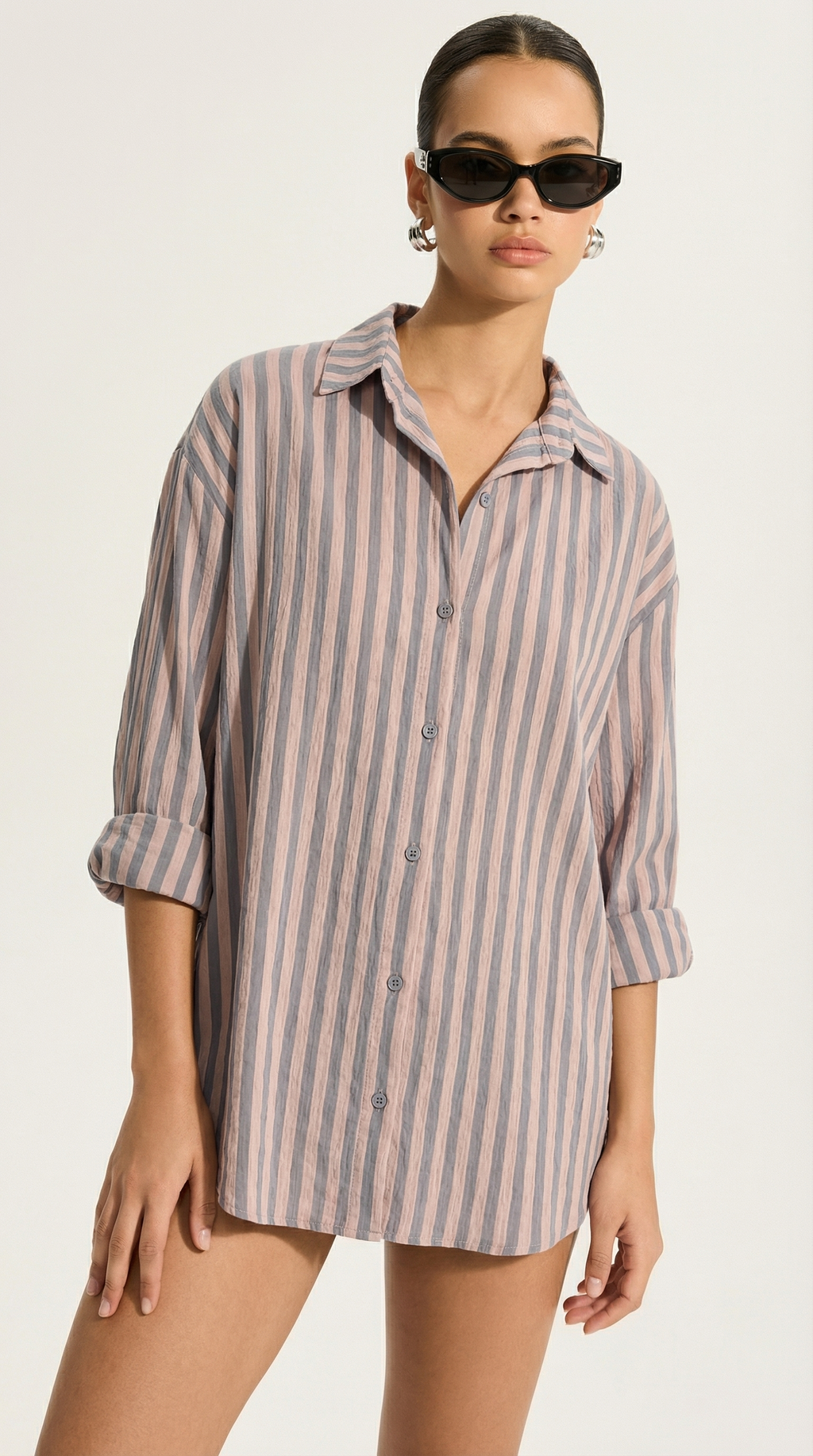 Antrasit Pembe Çizgili Oversize Gömlek