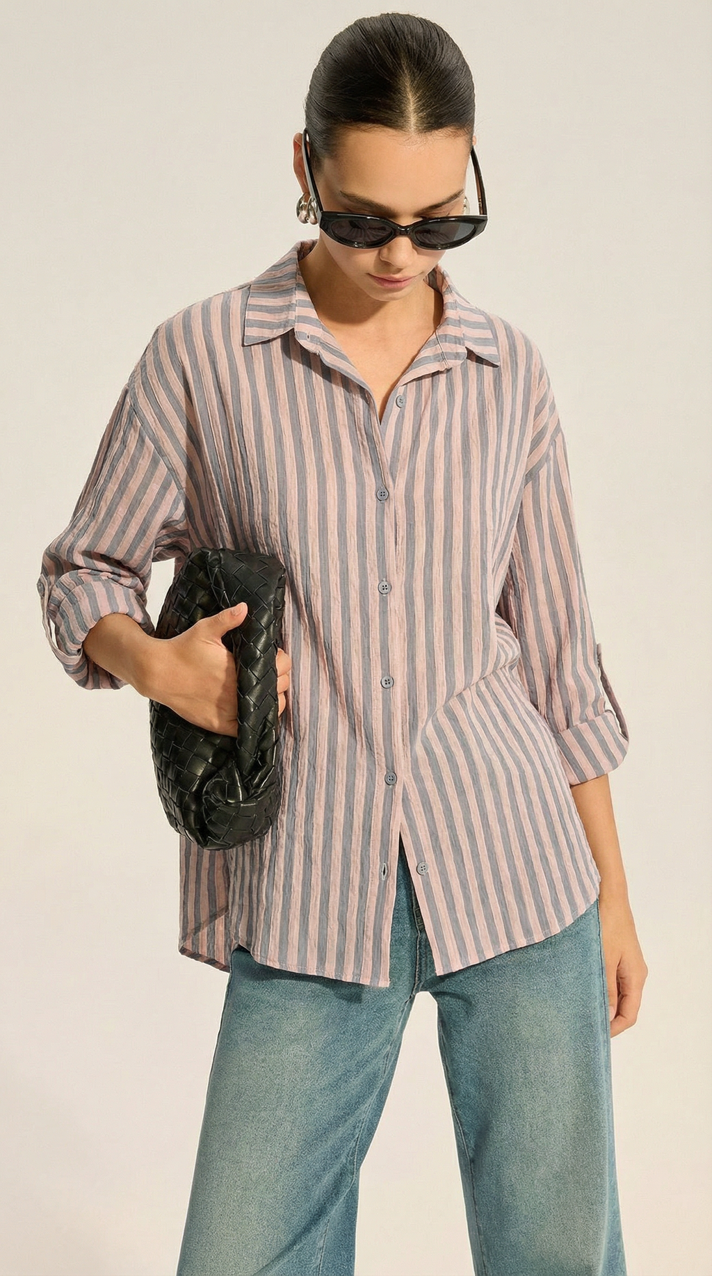 Antrasit Pembe Çizgili Oversize Gömlek
