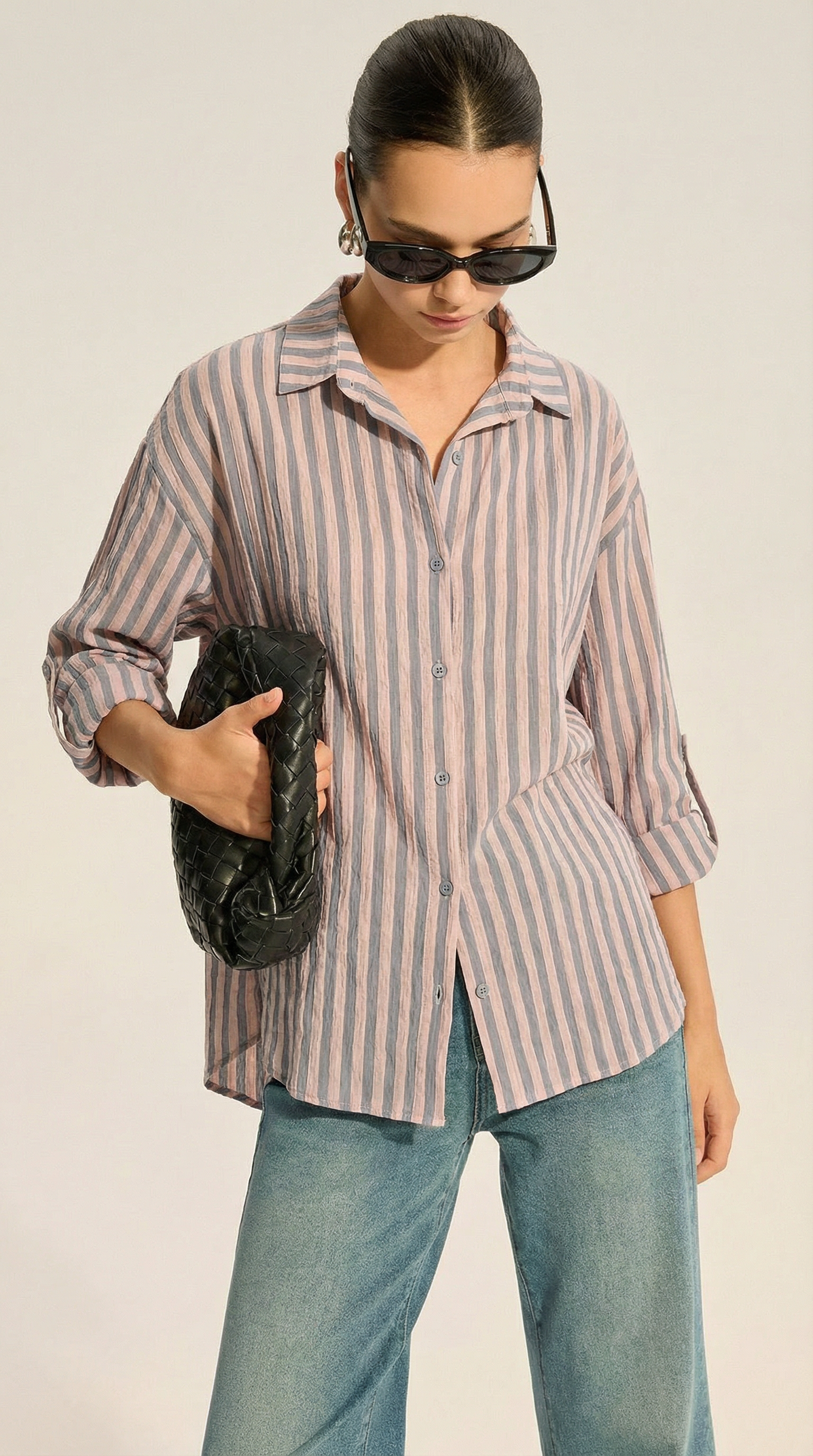 Antrasit Pembe Çizgili Oversize Gömlek