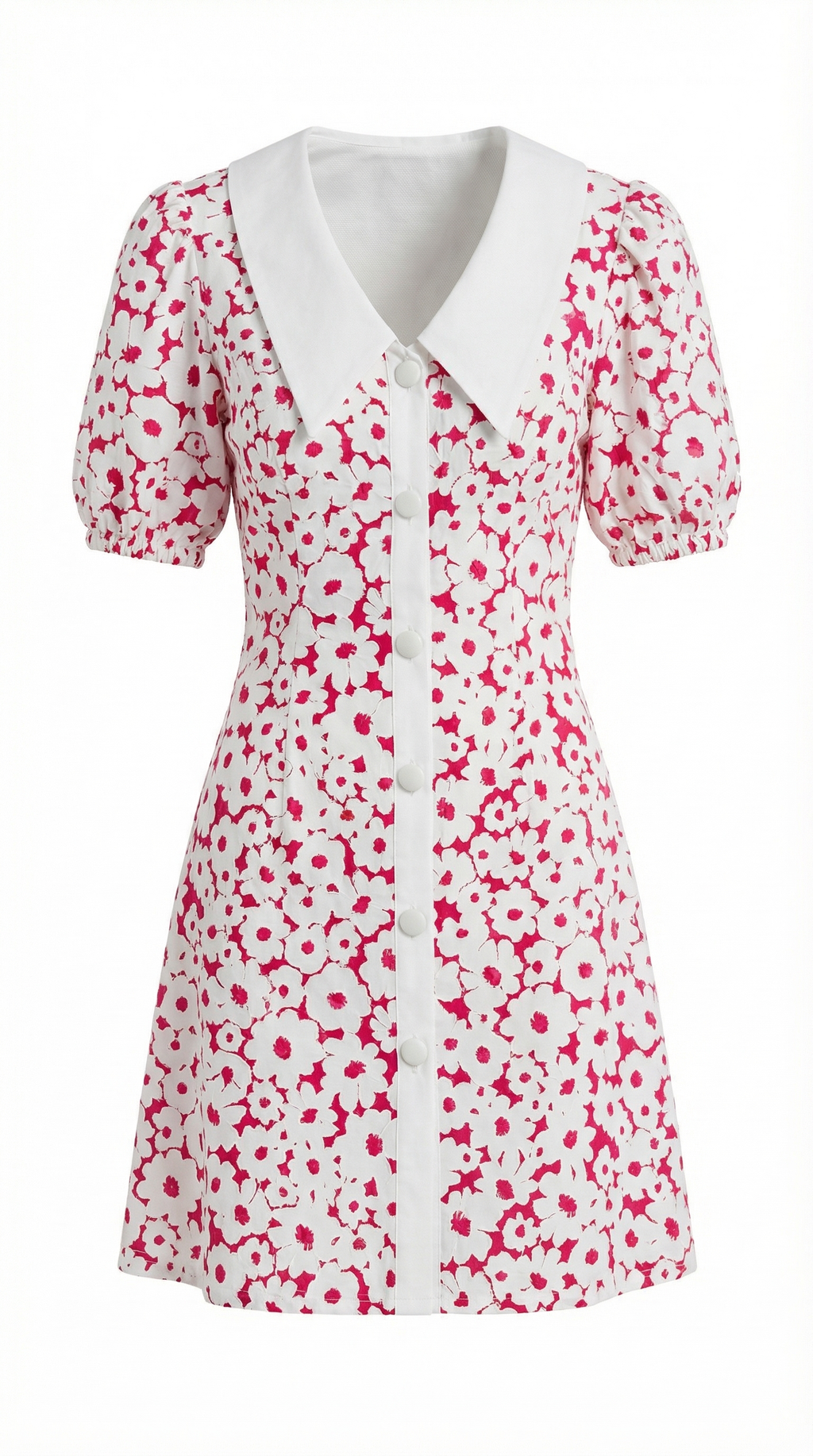 Fuşya Çiçek Desenli Önlük Yakalı Mini Elbise