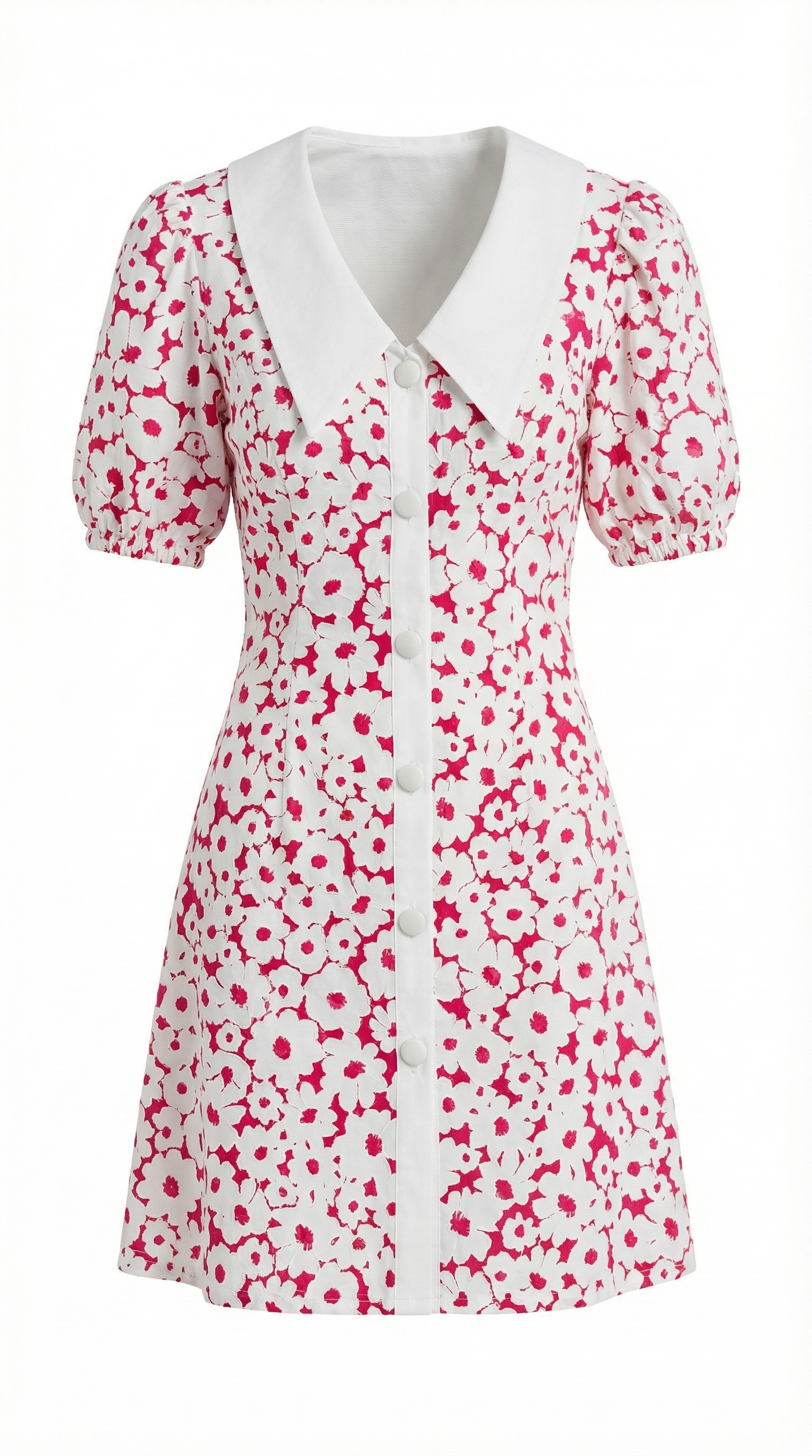 Fuşya Çiçek Desenli Önlük Yakalı Mini Elbise