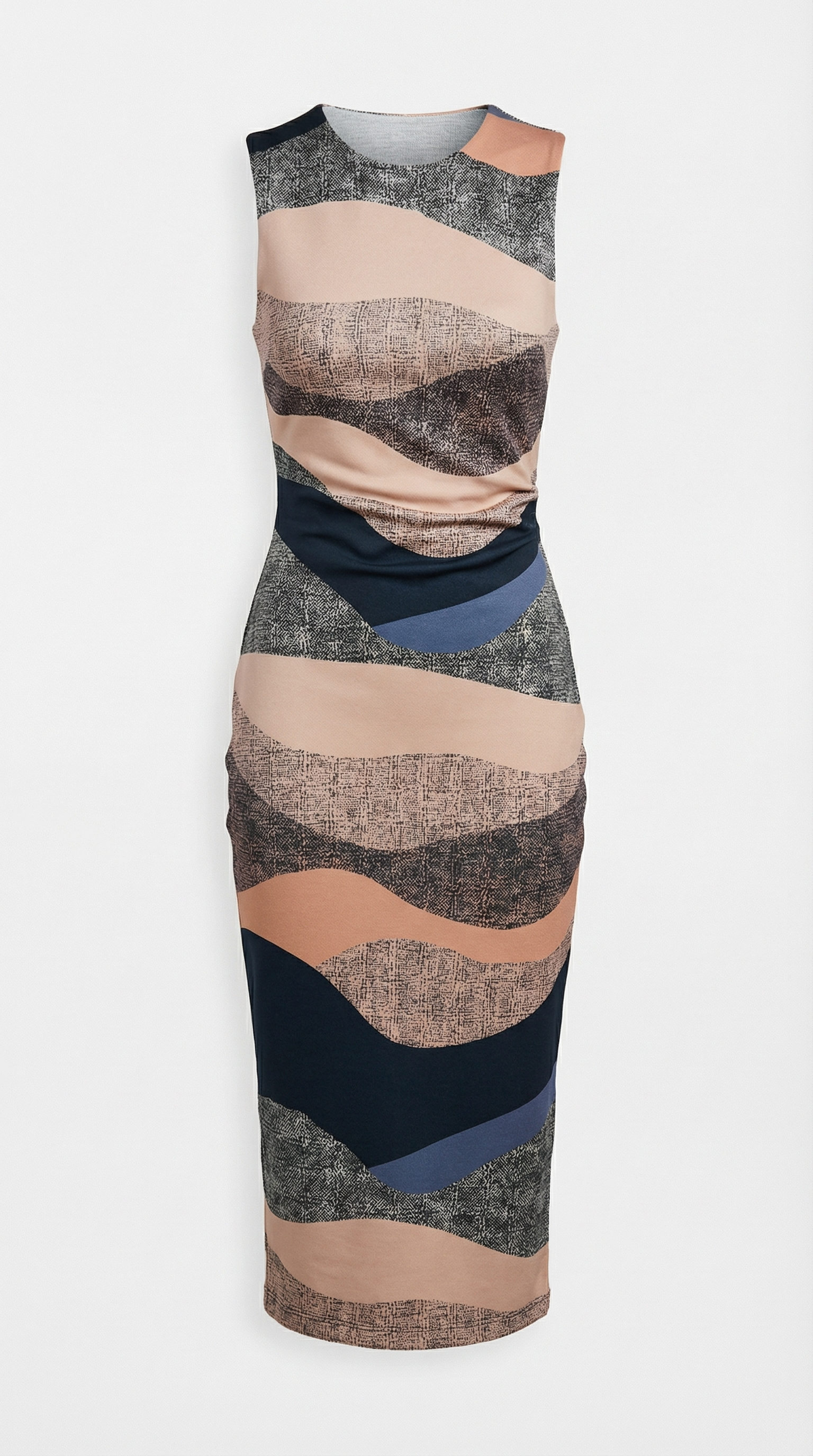 Dalgıç Kumaş Dalgalı Desenli Kolsuz Midi Elbise