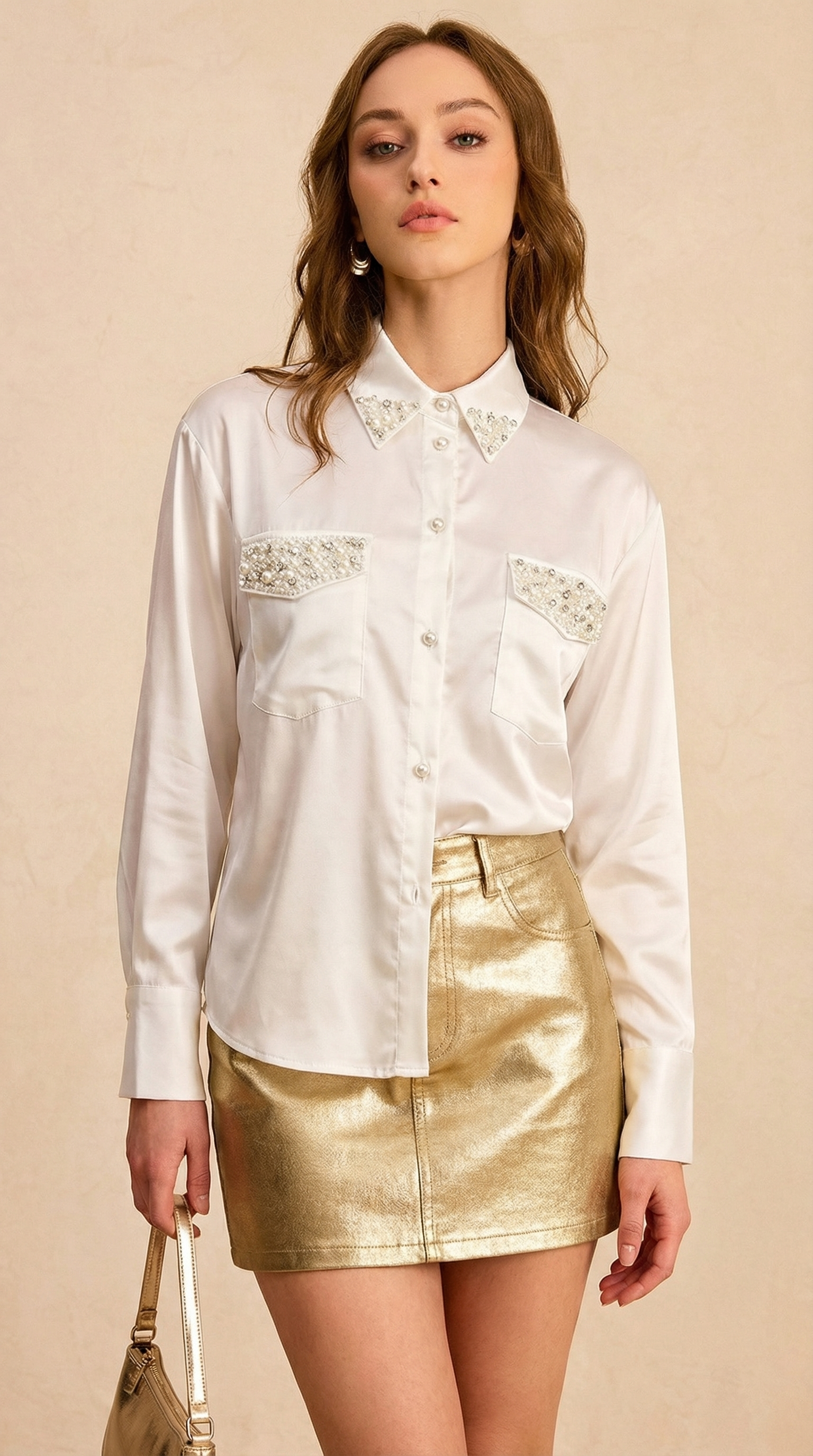 İnci Taş Detaylı Beyaz Saten Gömlek