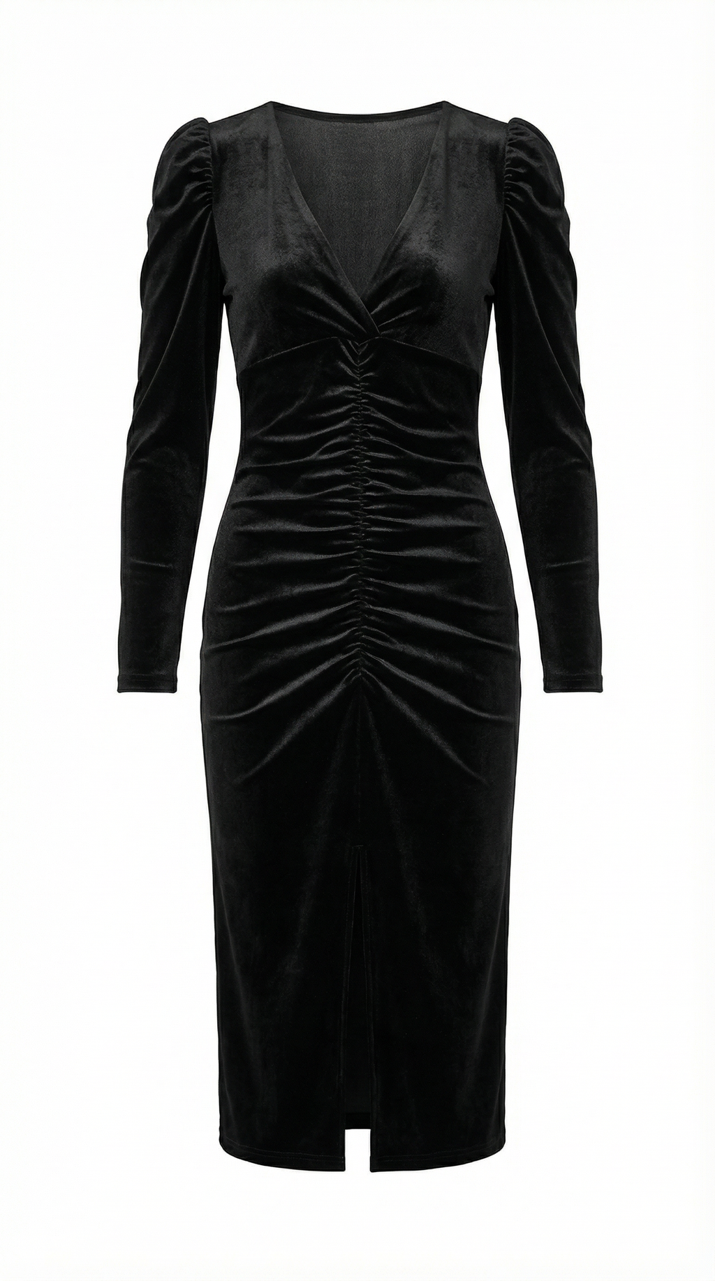 Büzgü Detaylı Siyah Kadife Midi Elbise