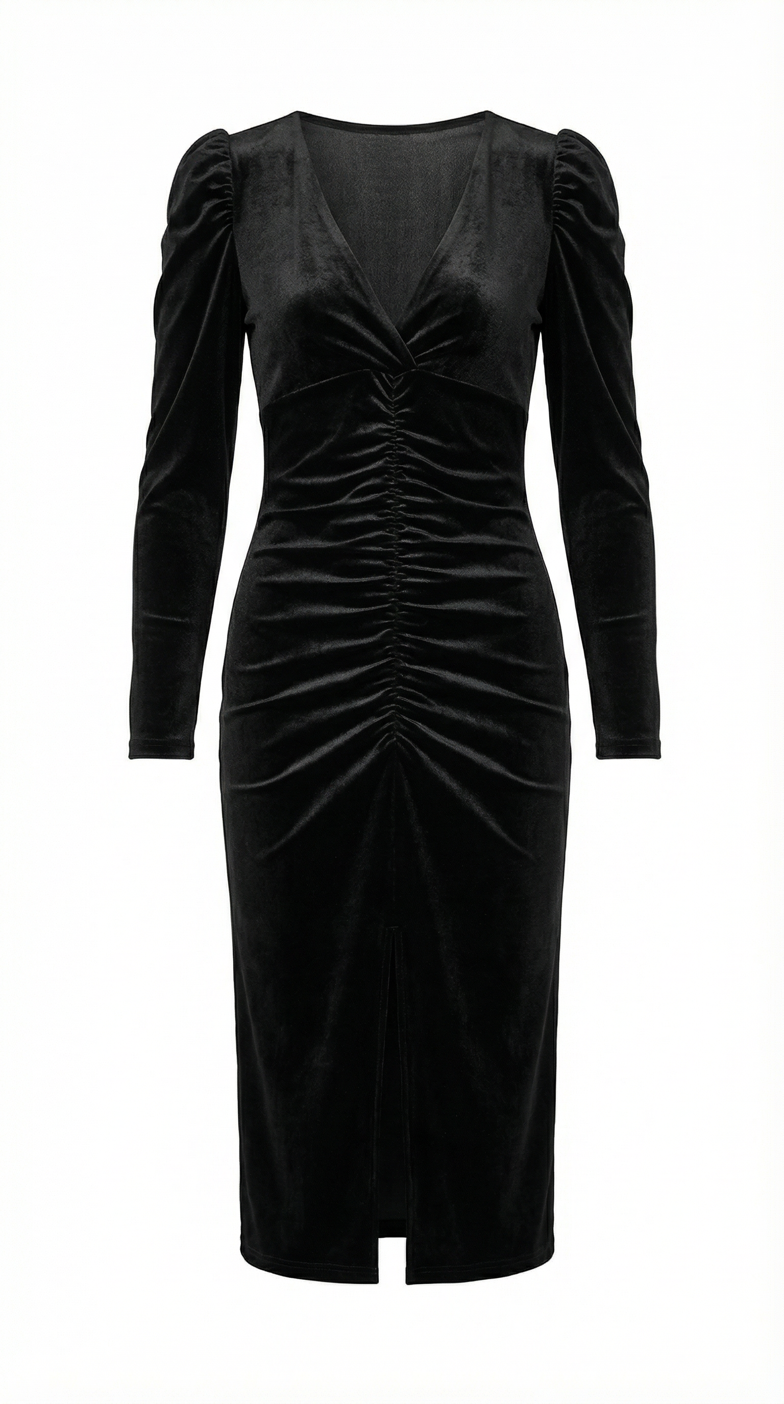 Büzgü Detaylı Siyah Kadife Midi Elbise