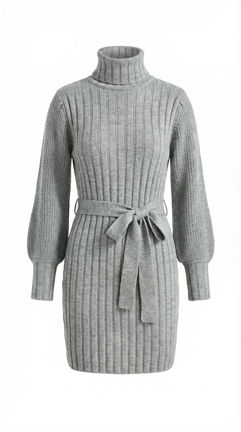 Kuşaklı Gri Balıkçı Yaka Triko Mini Elbise