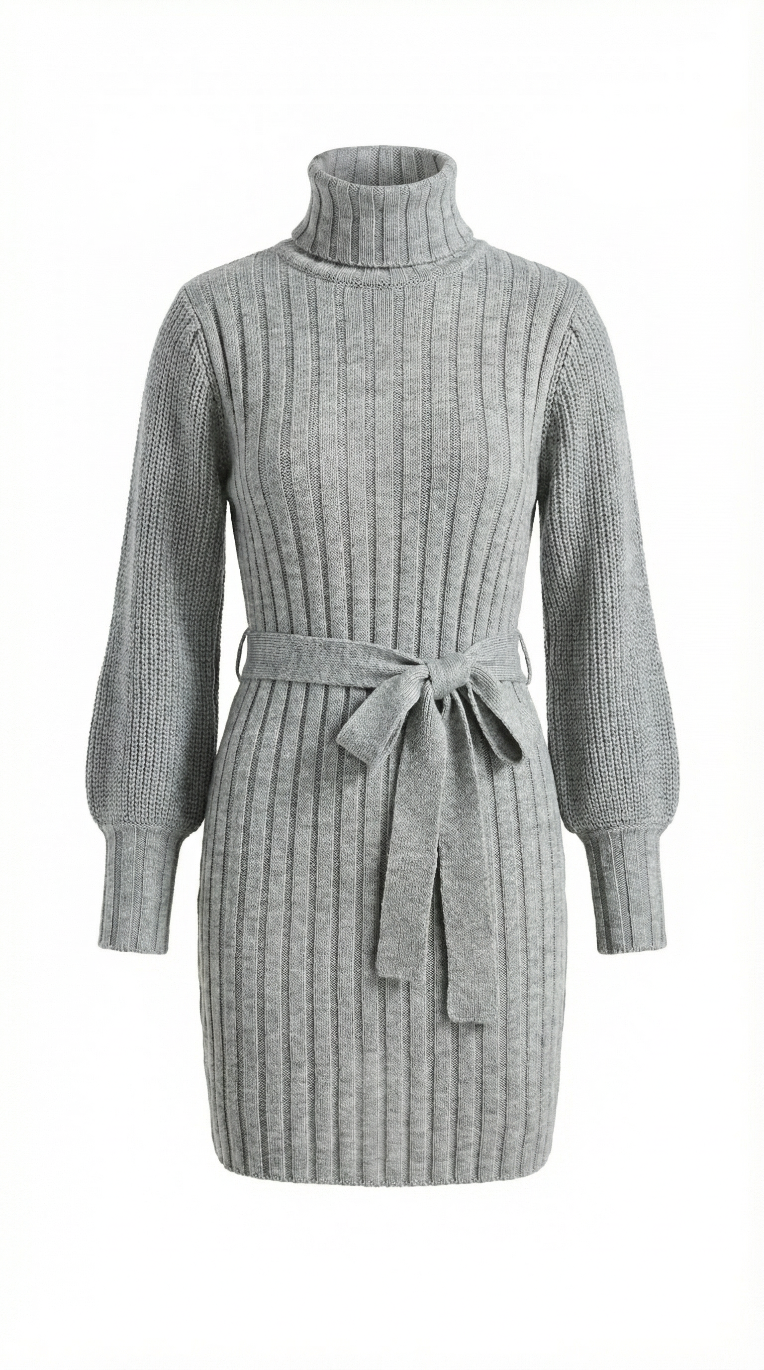 Kuşaklı Gri Balıkçı Yaka Triko Mini Elbise