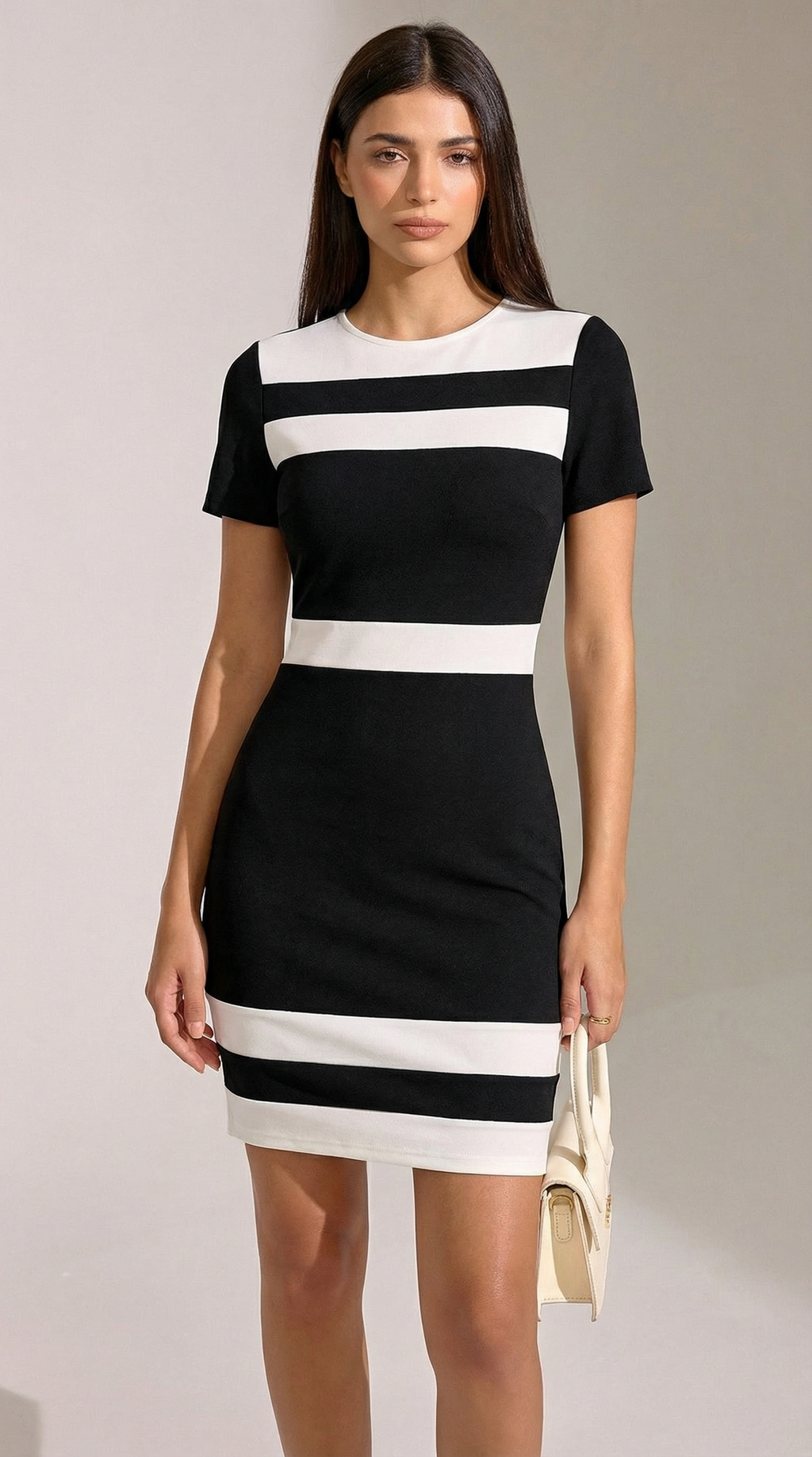 Siyah Beyaz Bloklu Kısa Kollu Mini Elbise