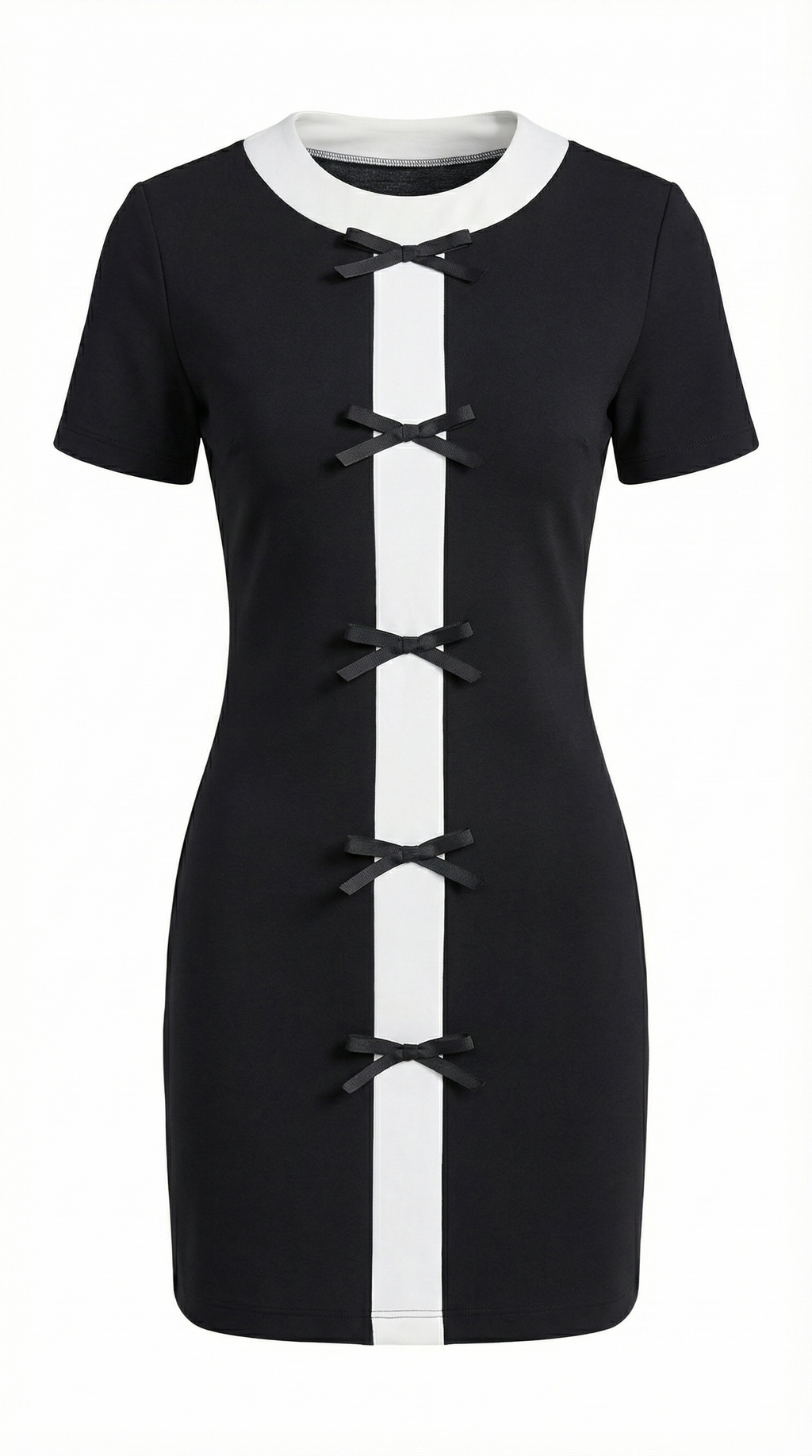 Kontrast Şeritli Fiyonk Detaylı Mini Elbise