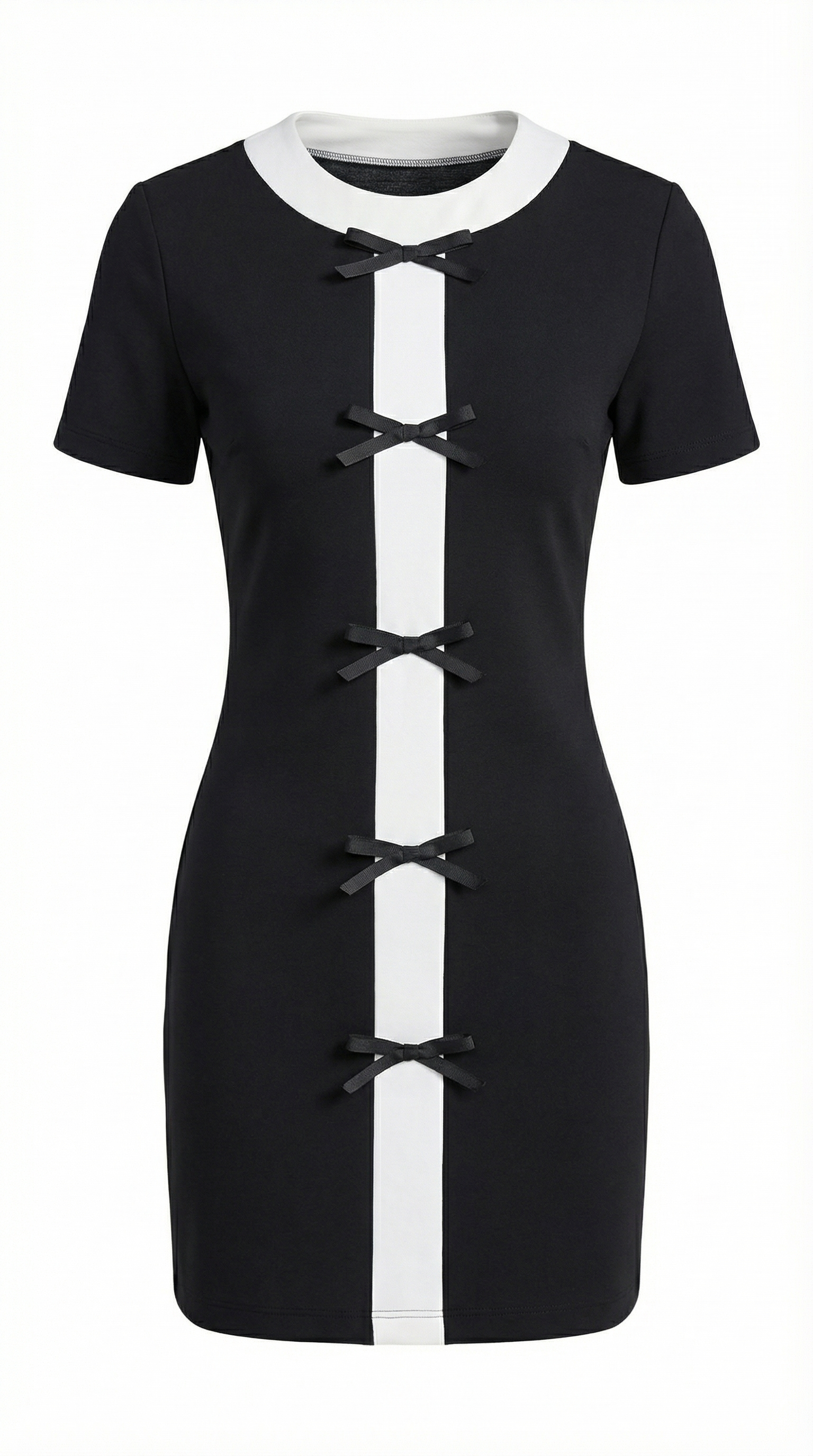 Kontrast Şeritli Fiyonk Detaylı Mini Elbise